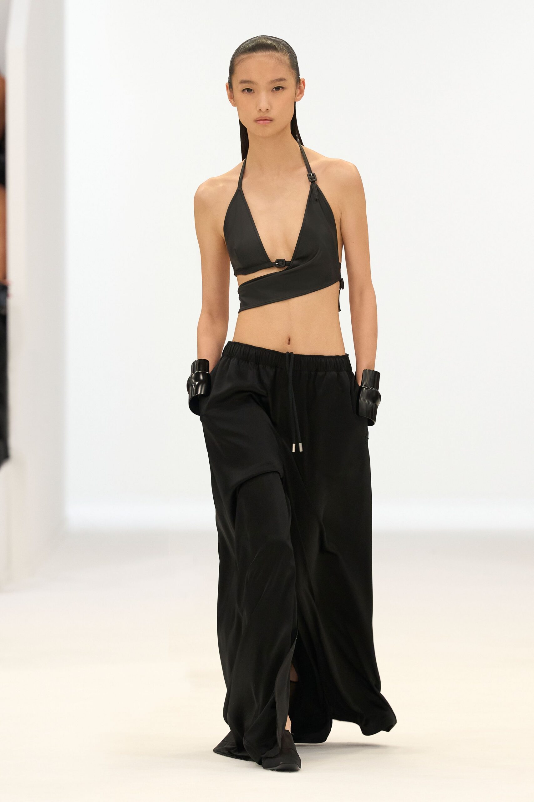 black silk sleeveless low-cut fitted bikini