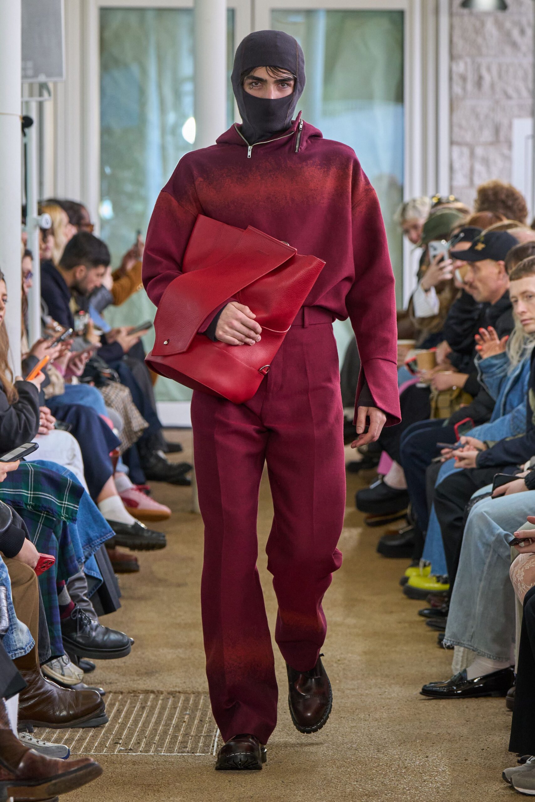 red cotton long-sleeve hooded relaxed draped hoodie