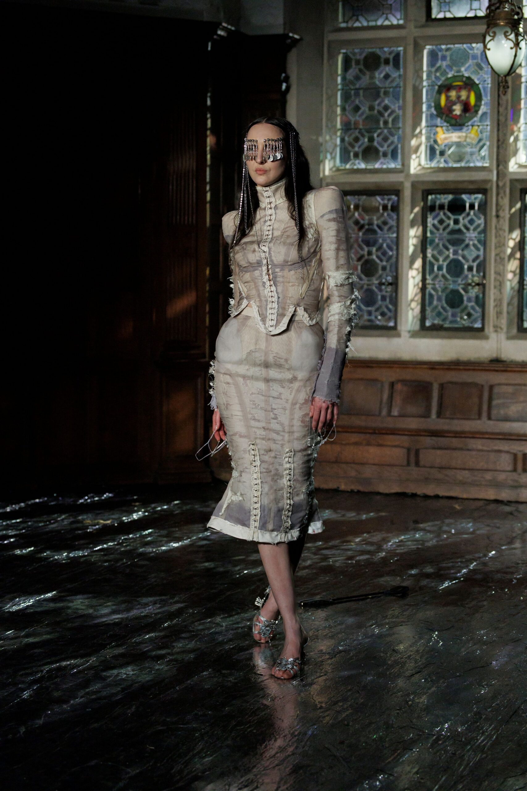 white silk long-sleeve collared fitted ruched zippered dress