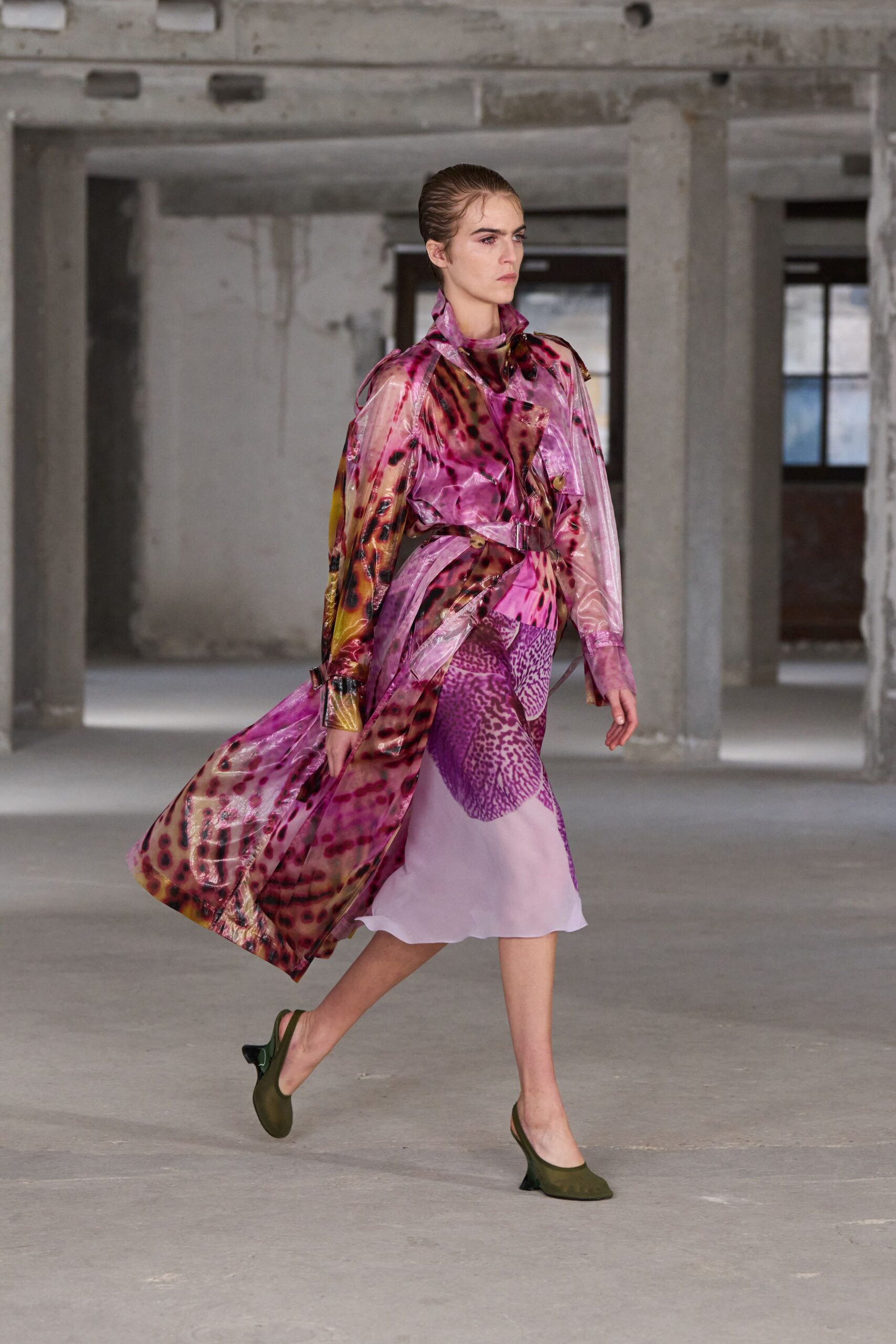 pink silk long-sleeve collared fitted printed draped dress
