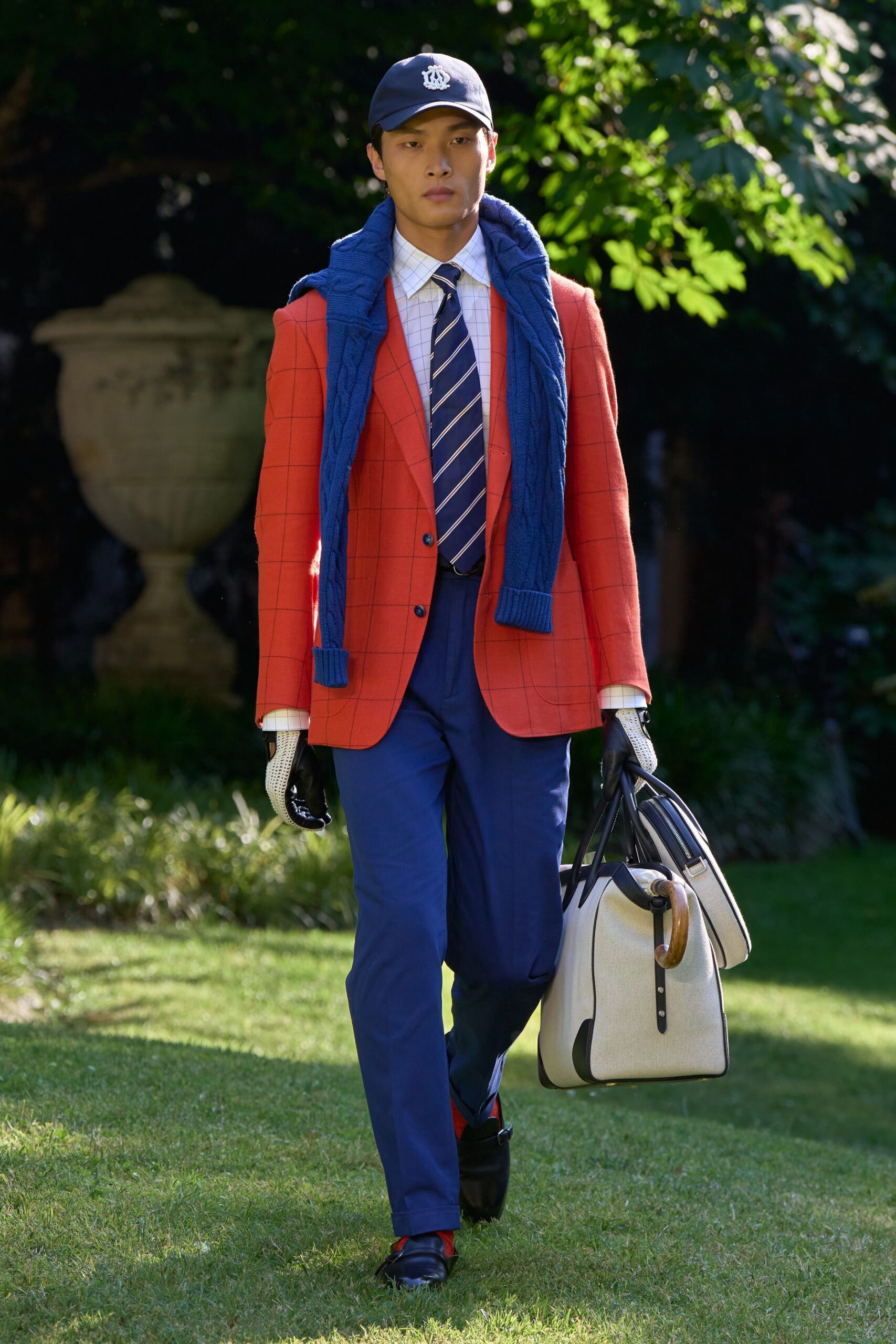 orange long-sleeve collared tailored checked blazer
