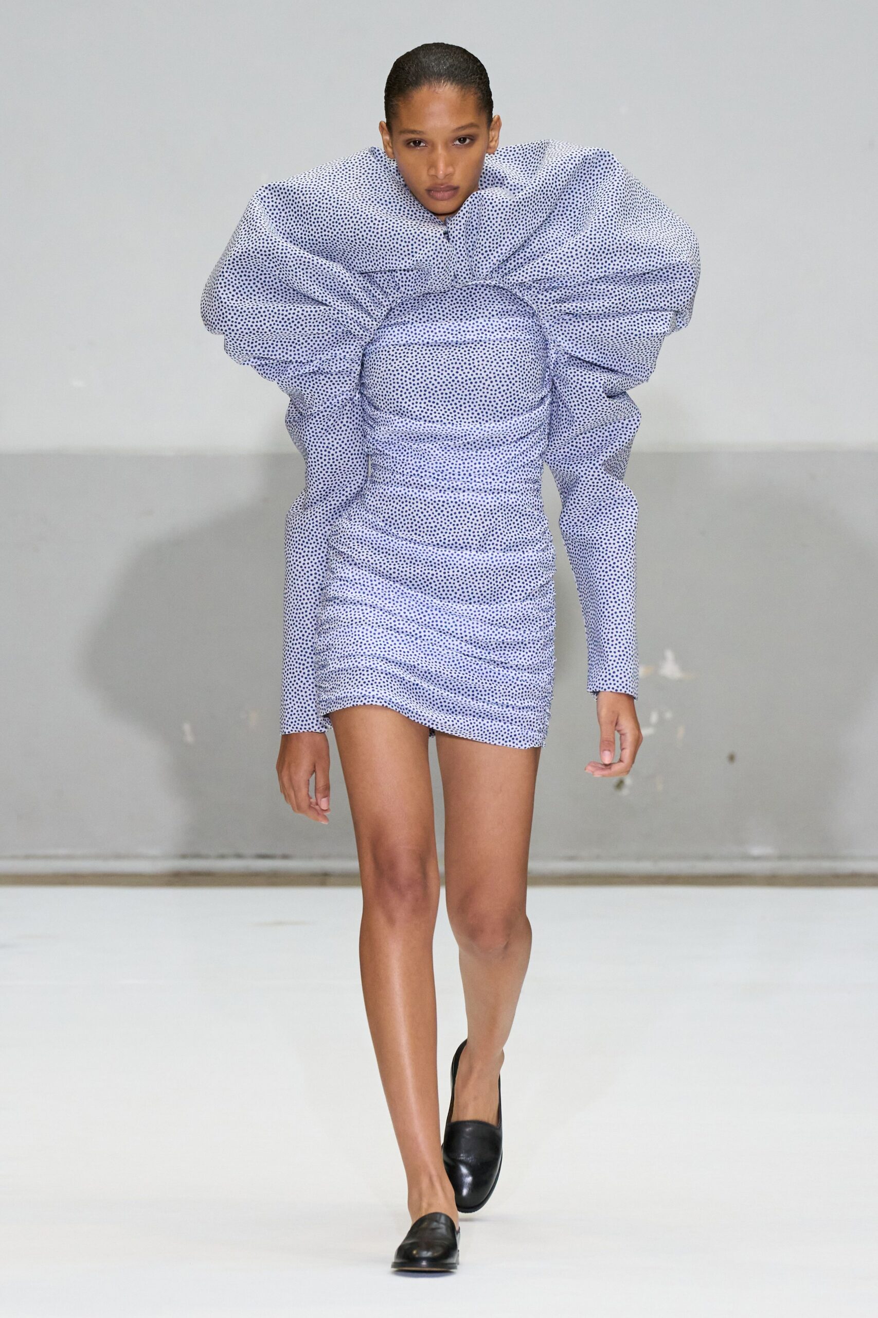 blue cotton long-sleeve high-neck fitted ruched padded dress