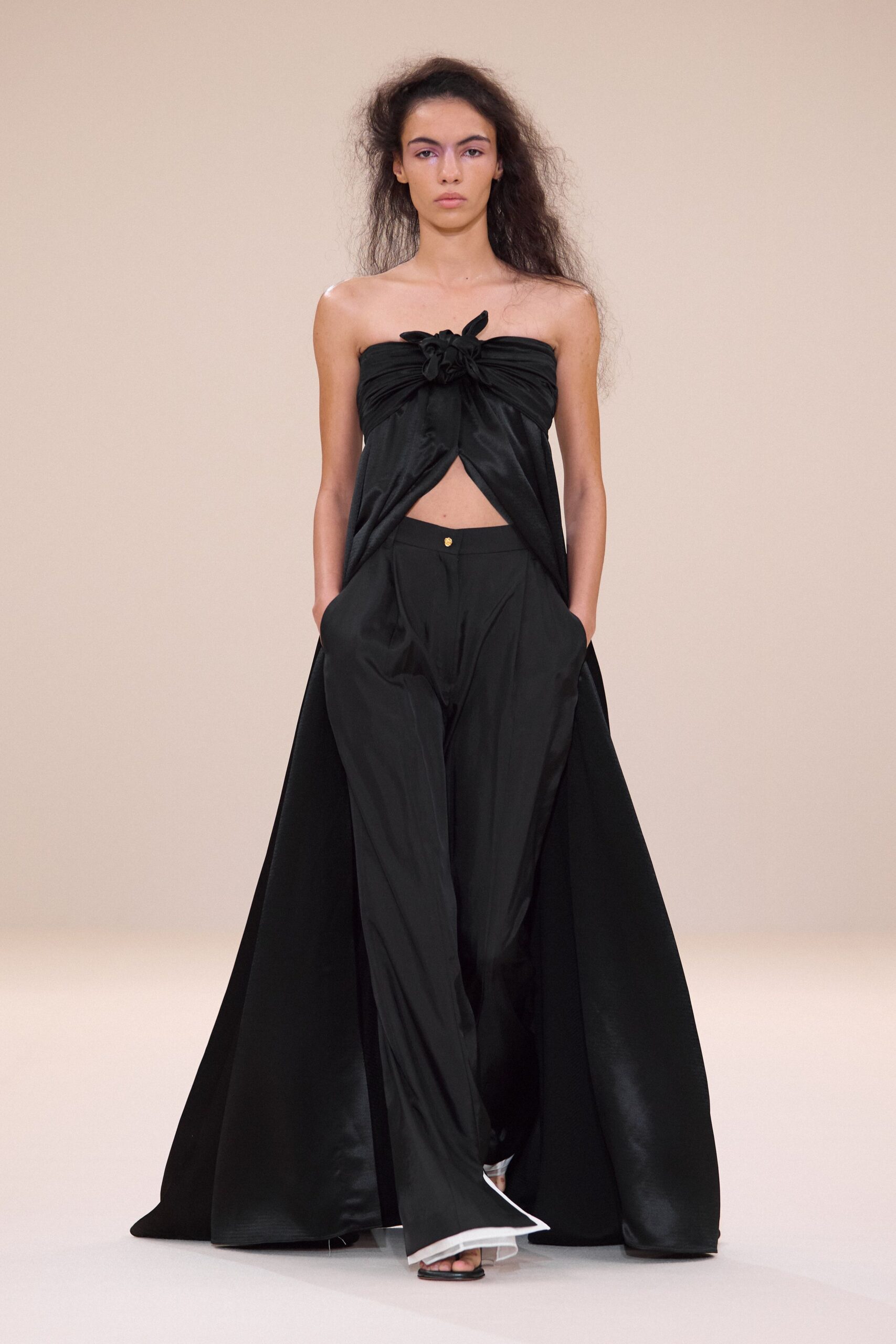 black silk strapless cutout fitted draped flowing top
