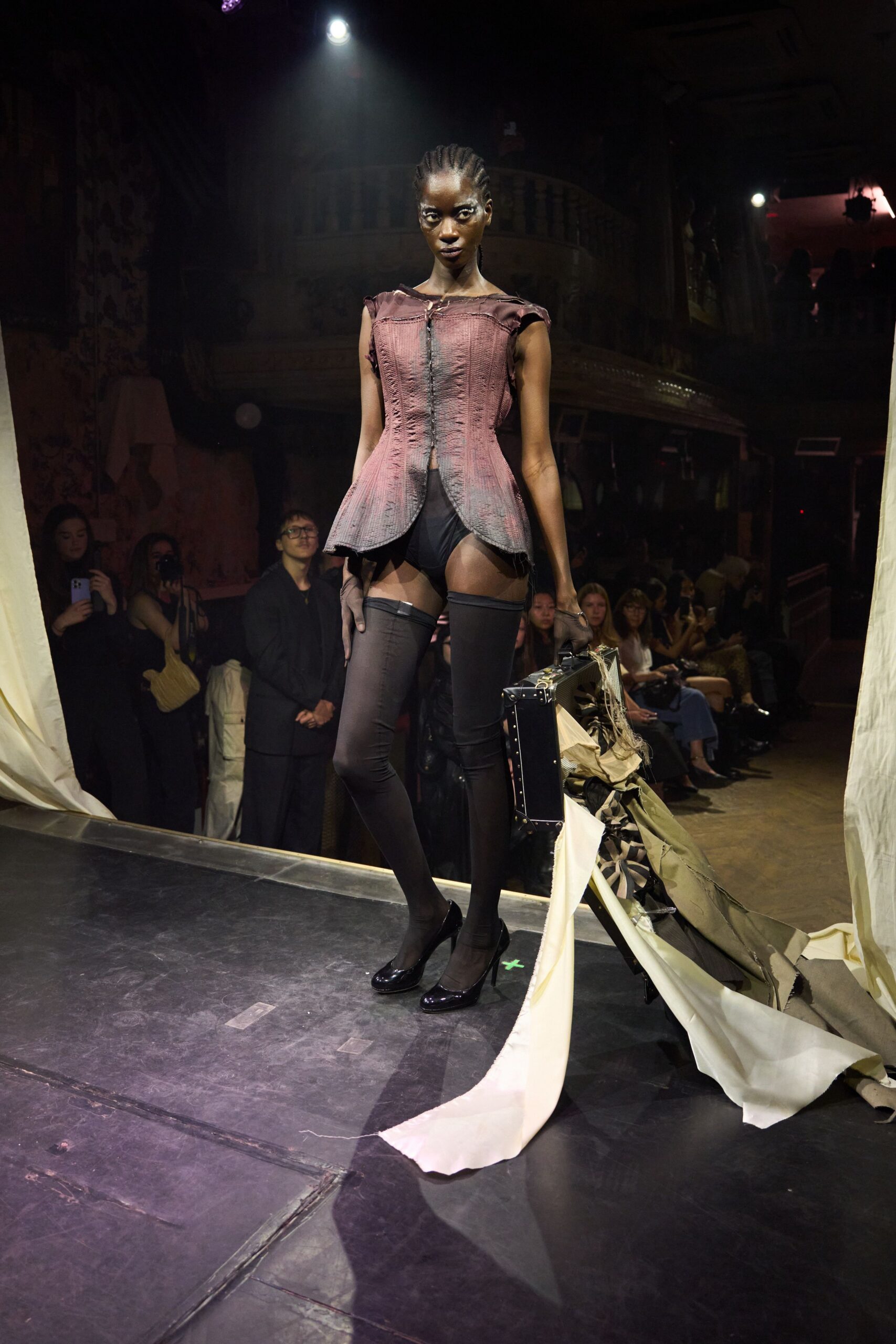 purple silk sleeveless v-neck fitted ruched corset