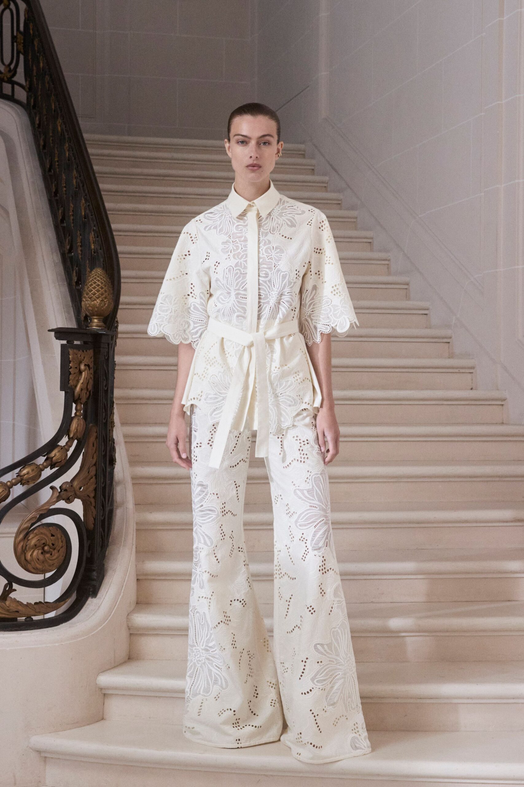 white cotton short-sleeve collared fitted embroidered blouse