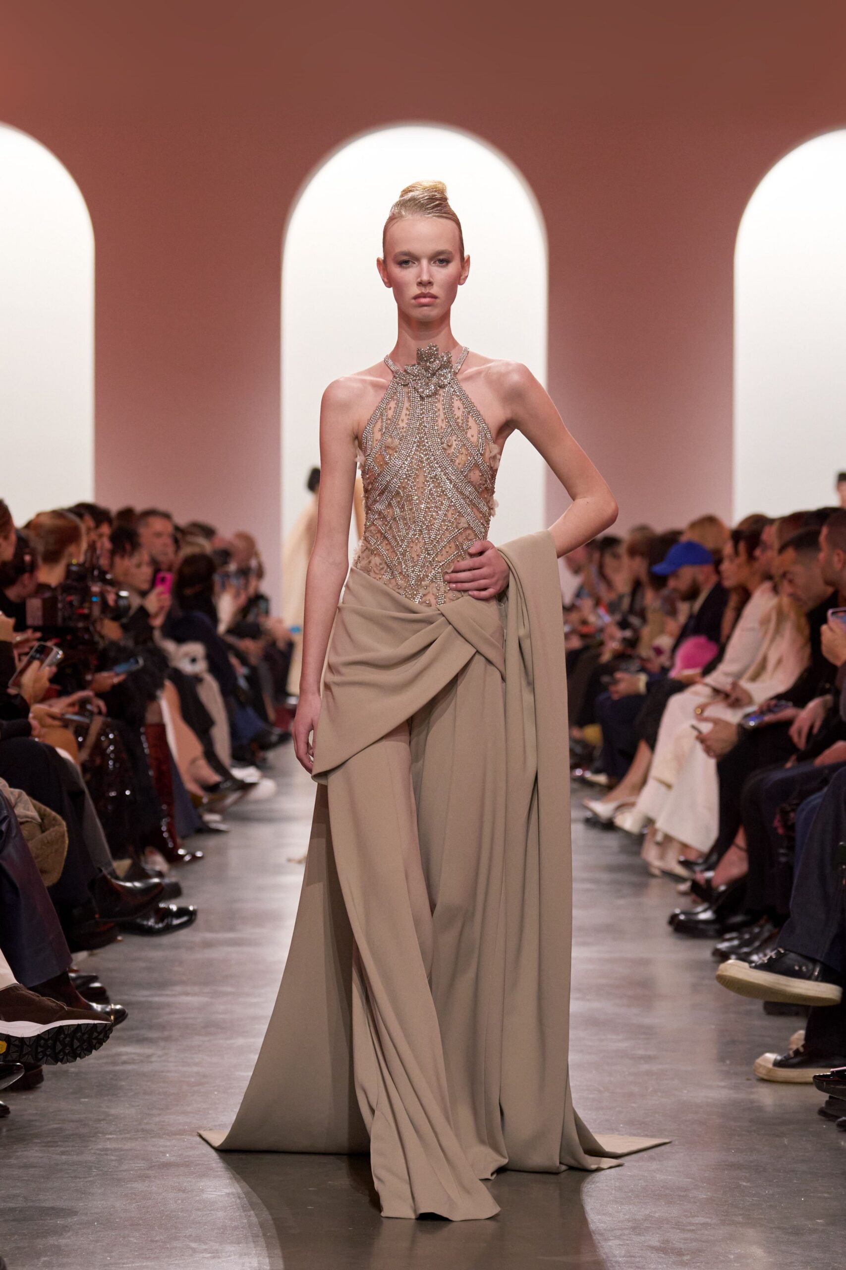 beige silk sleeveless gown