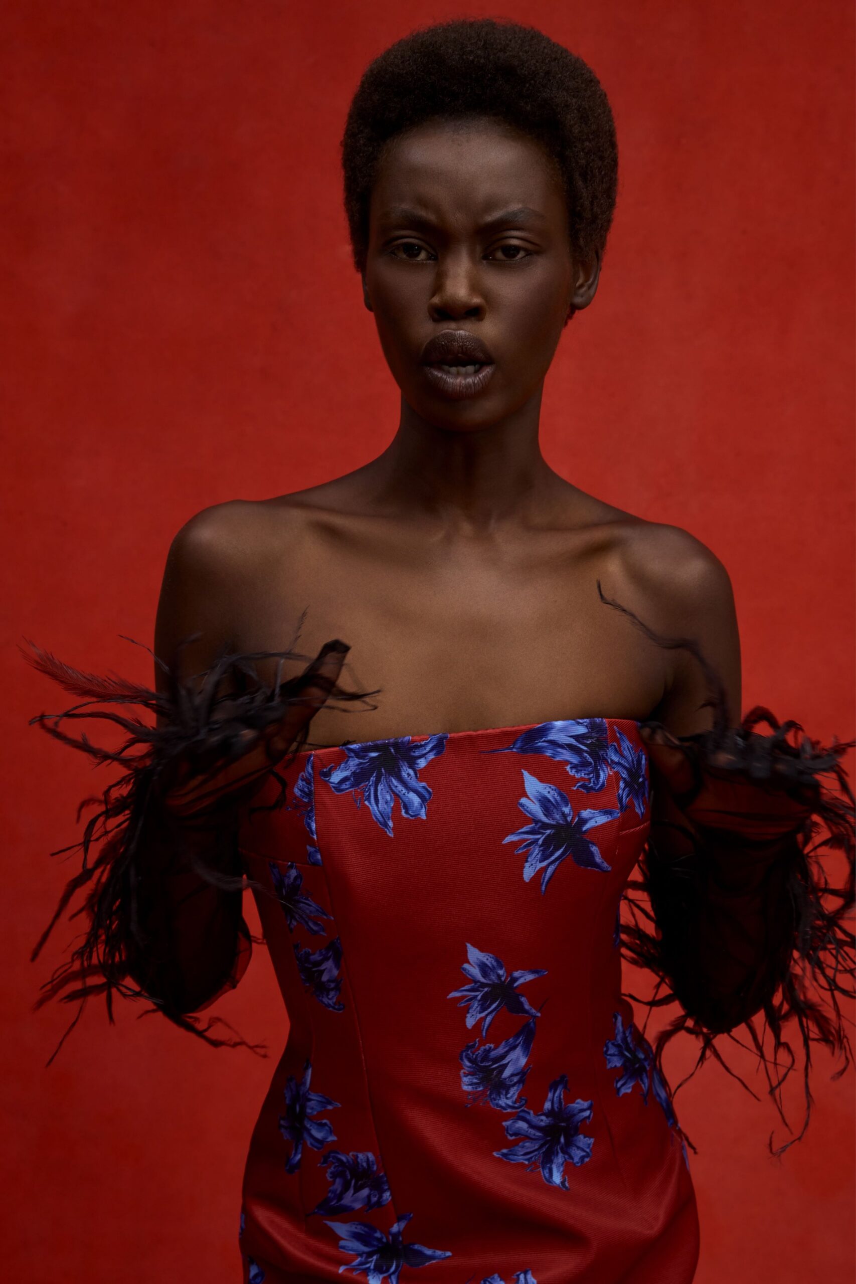red floral strapless dress