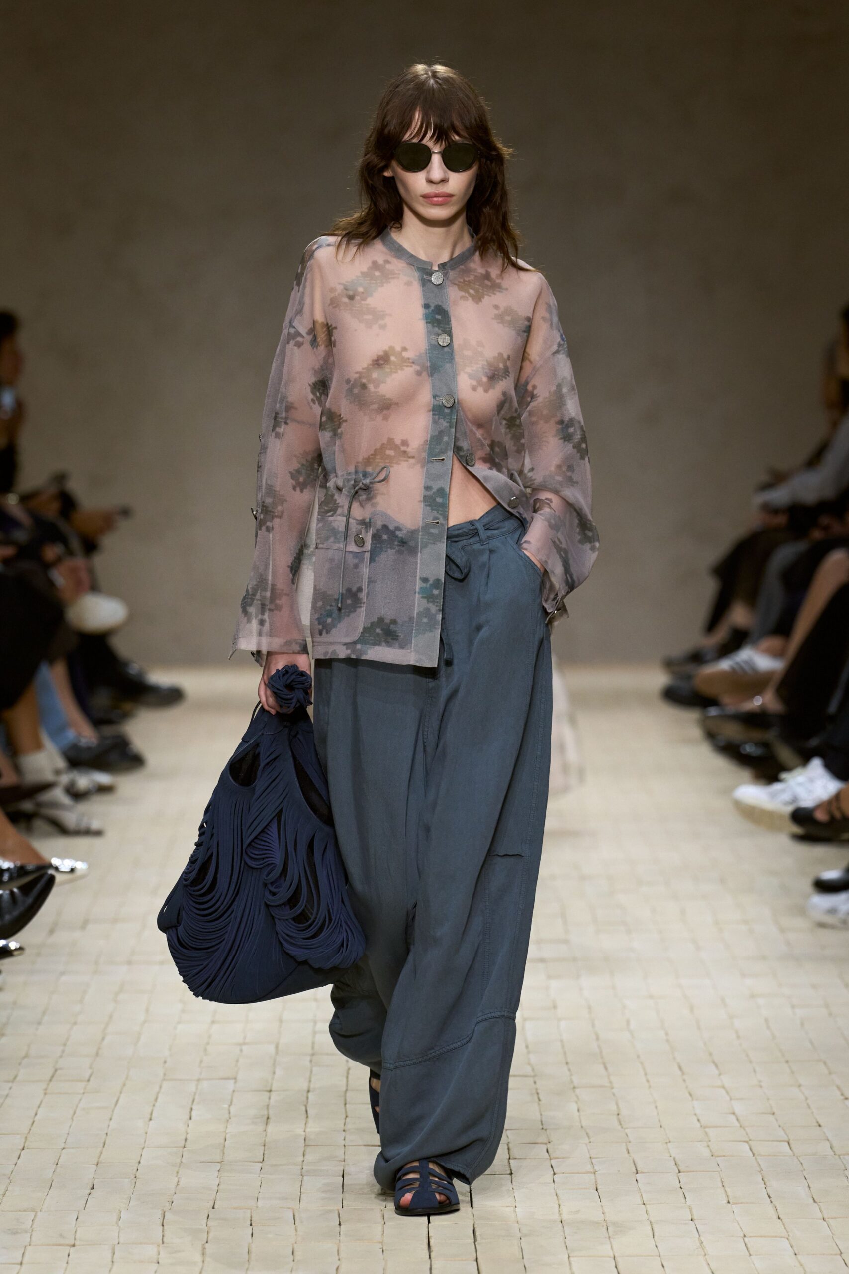 pink sheer floral shirt with wide-leg pants