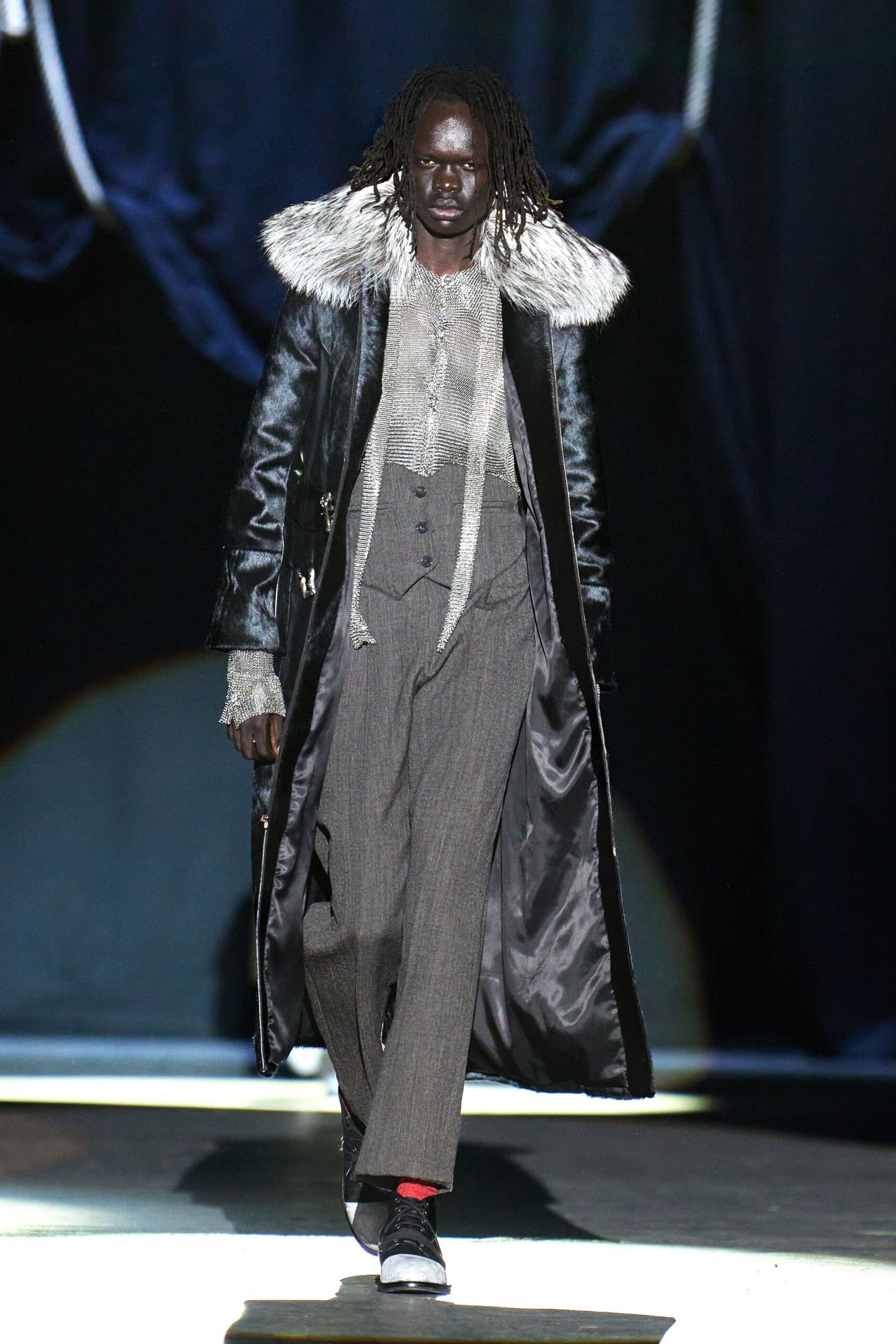 black leather long-sleeve collared fitted layered maxi coat