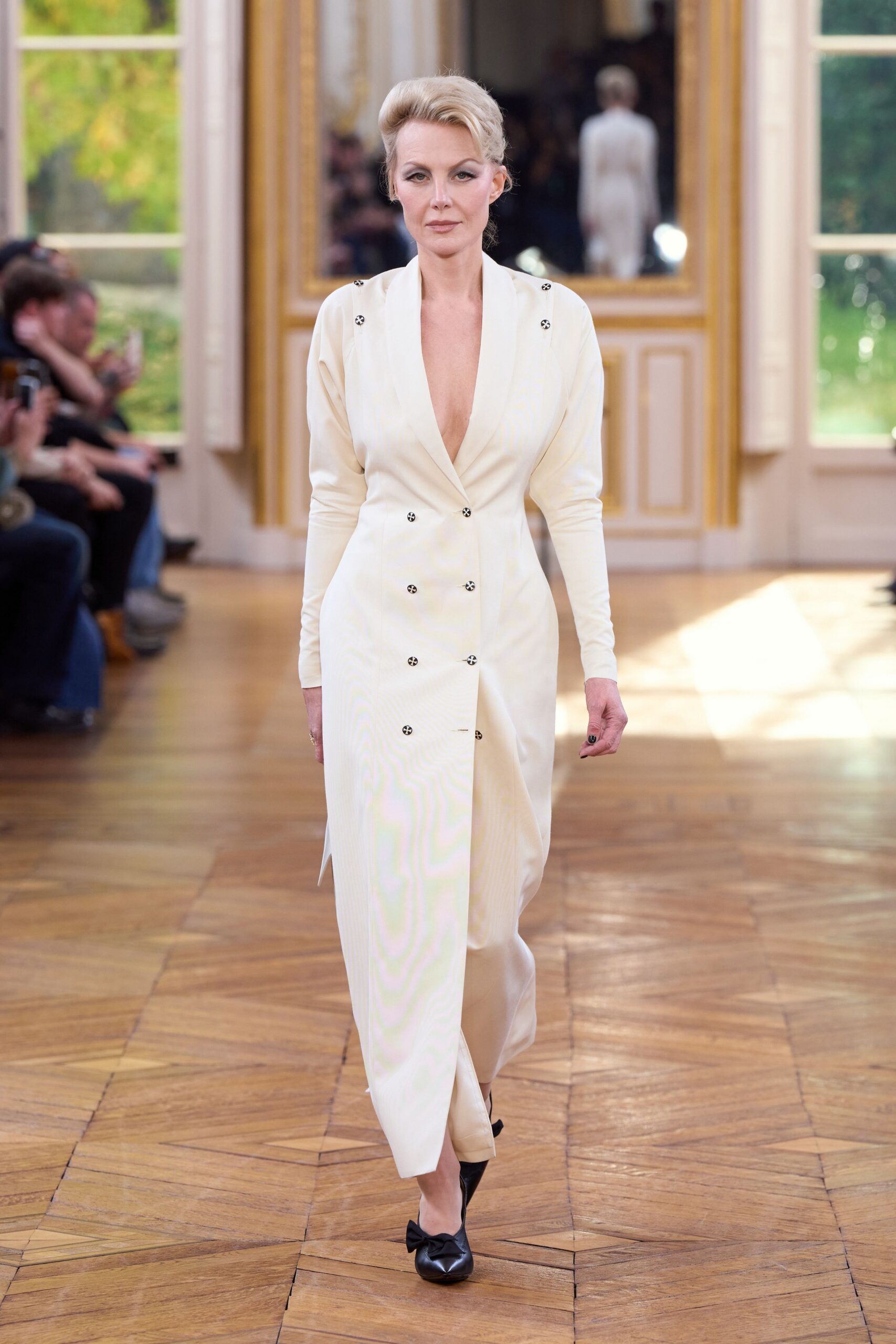 ivory silk long-sleeve v-neck fitted buttoned draped gown