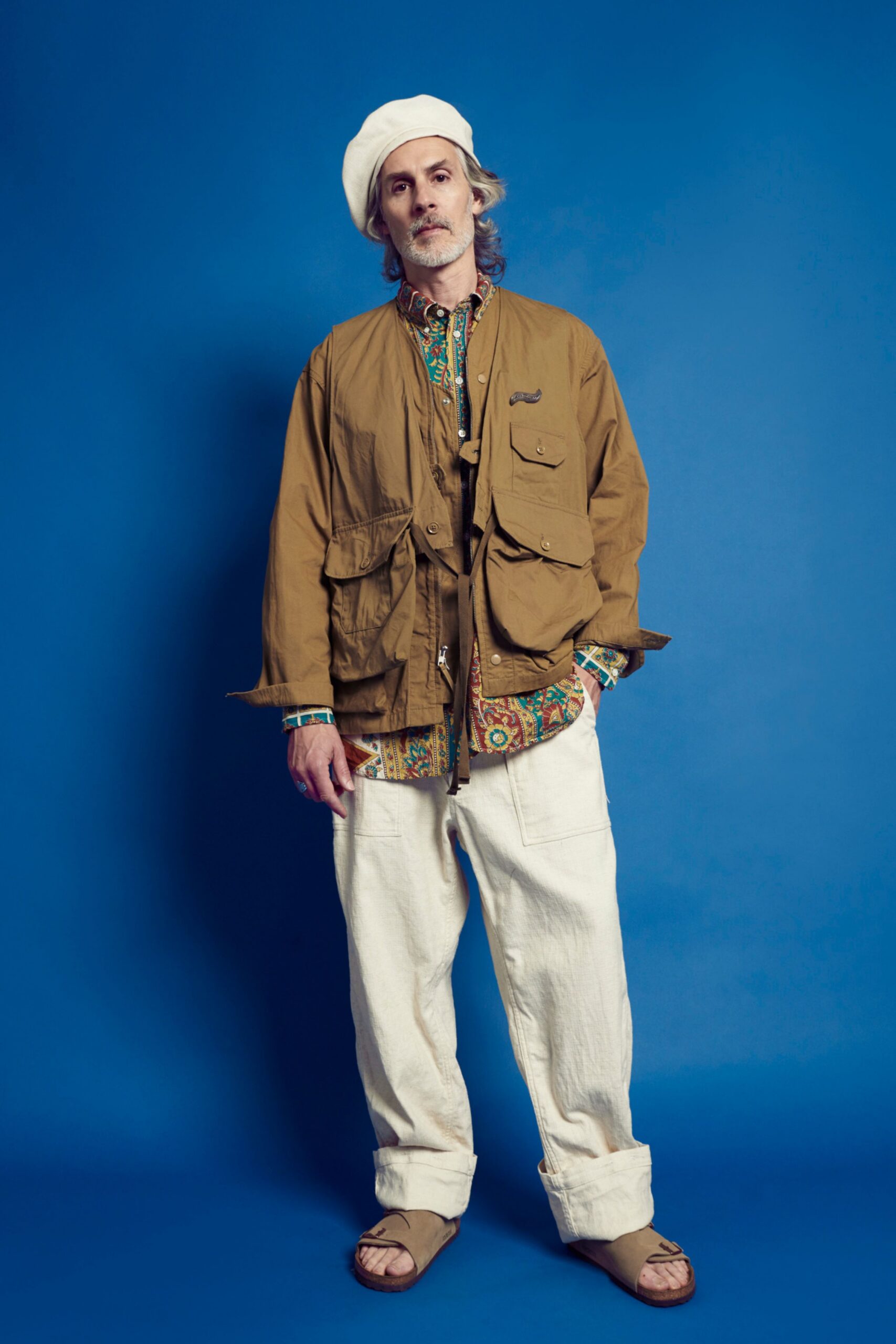 brown relaxed jacket with multi shirt