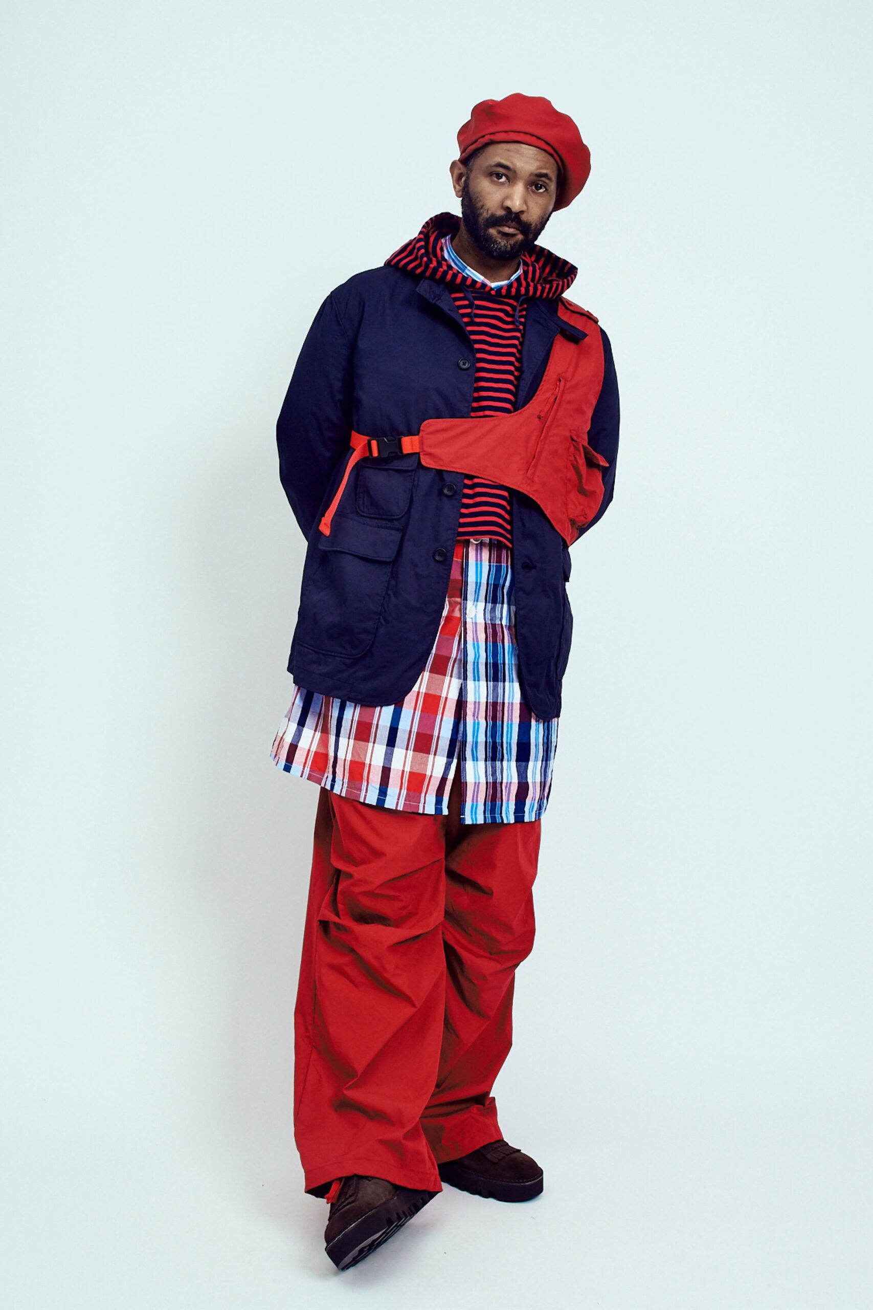 navy jacket with red top