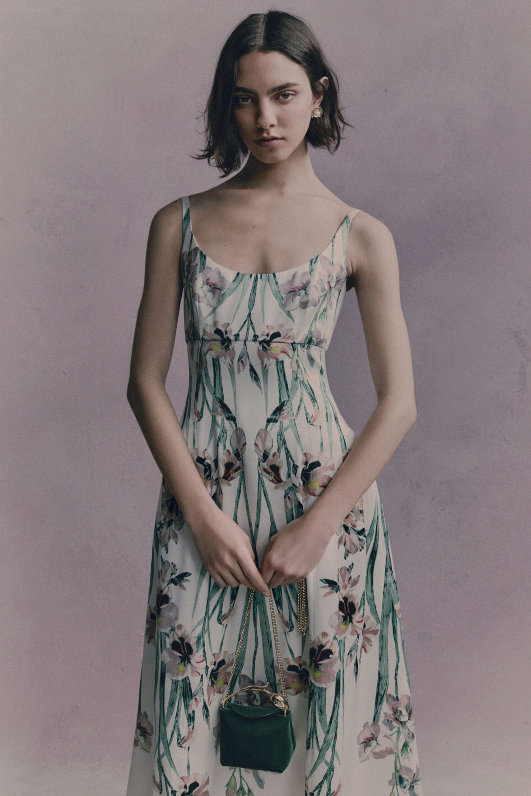 floral maxi dress with green bag
