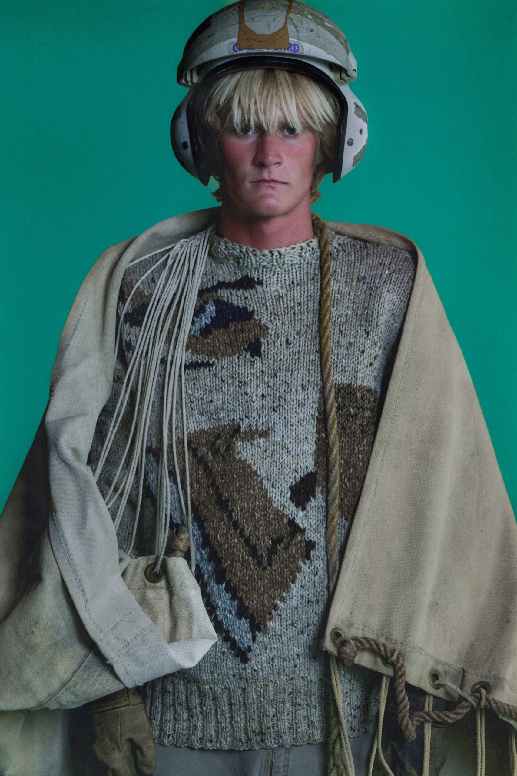 gray wool long-sleeve collared relaxed printed sweater