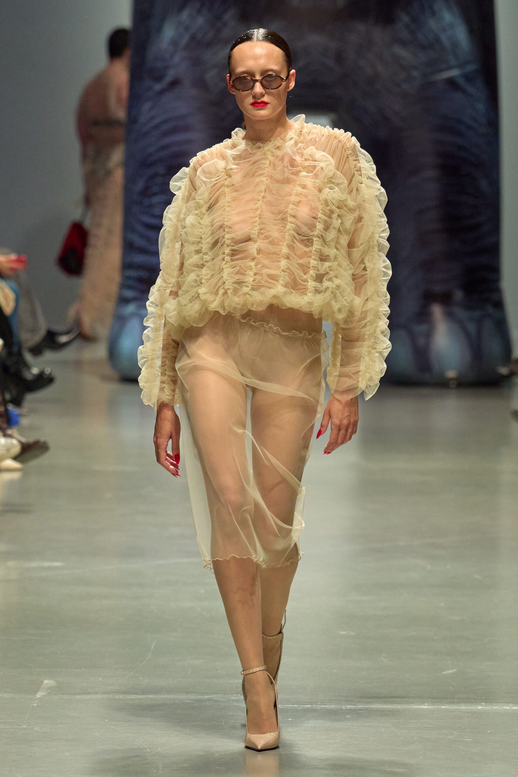 beige chiffon long-sleeve high-neck fitted ruffled sheer top