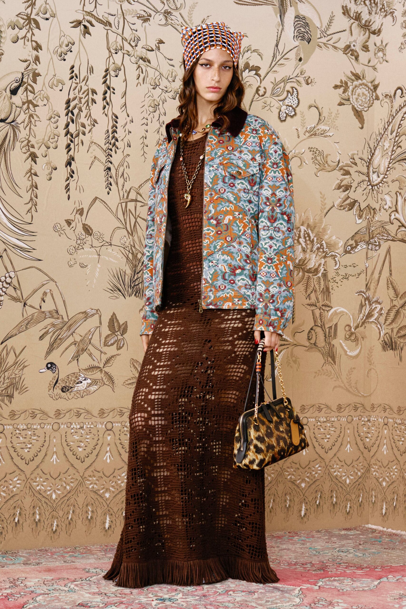 floral jacket and brown maxi dress