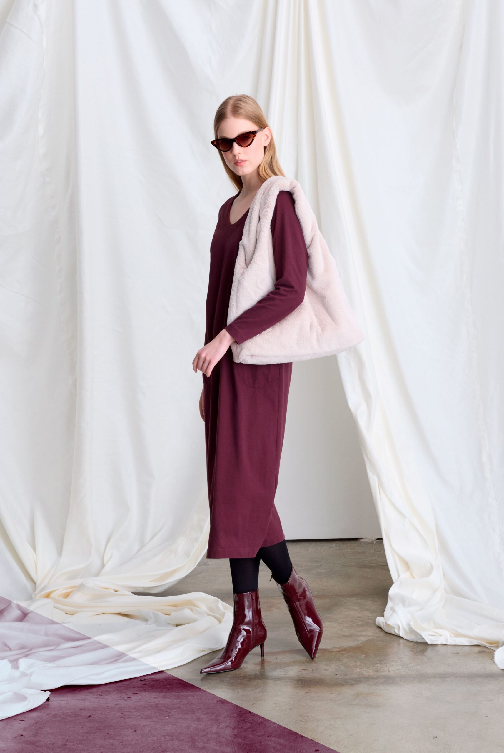 maroon cotton long-sleeve v-neck fitted midi dress