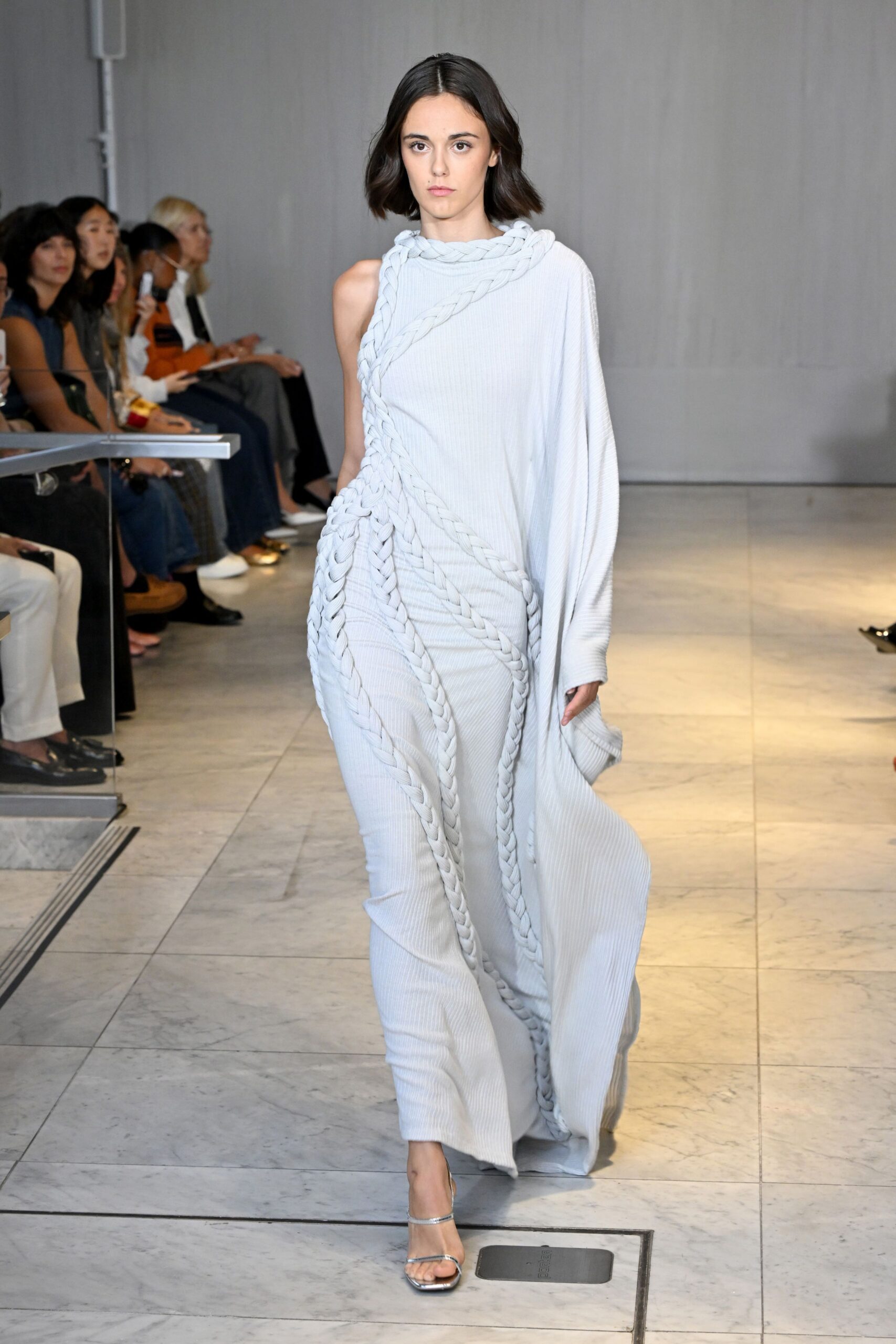 blue cotton long-sleeve off-shoulder fitted draped layered gown