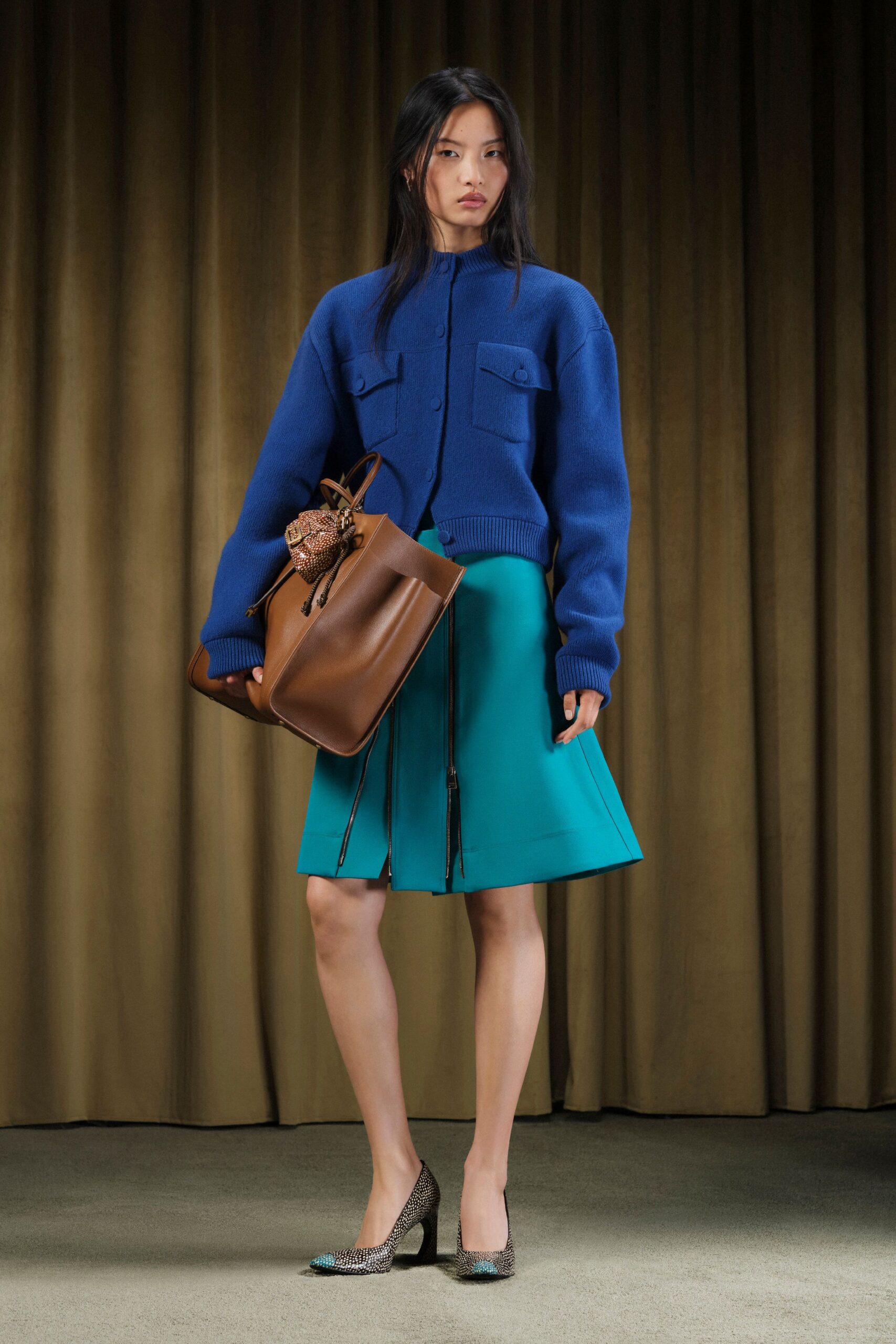 blue cardigan teal skirt