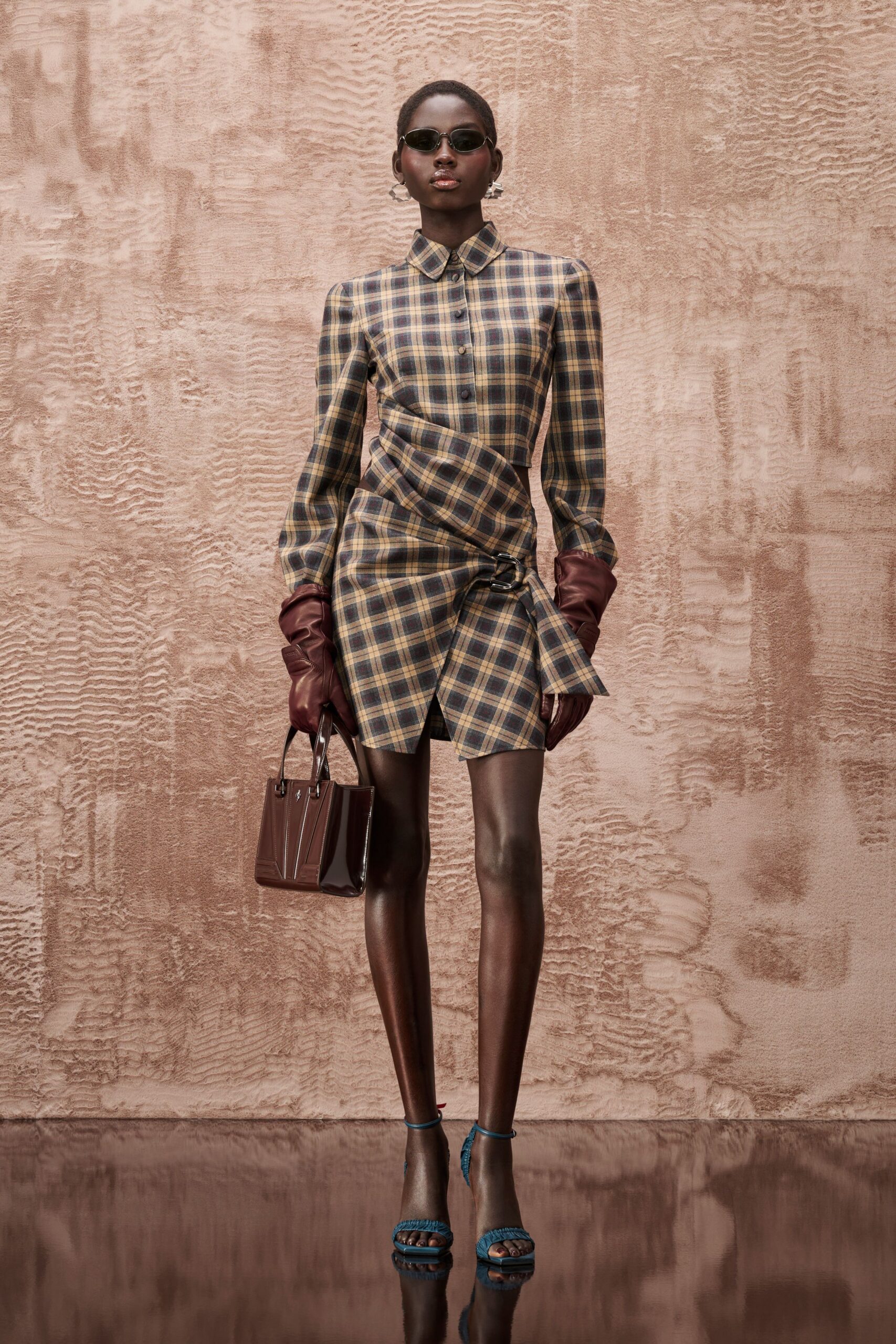 blue cotton long-sleeve collared fitted checked buttoned shirt-dress