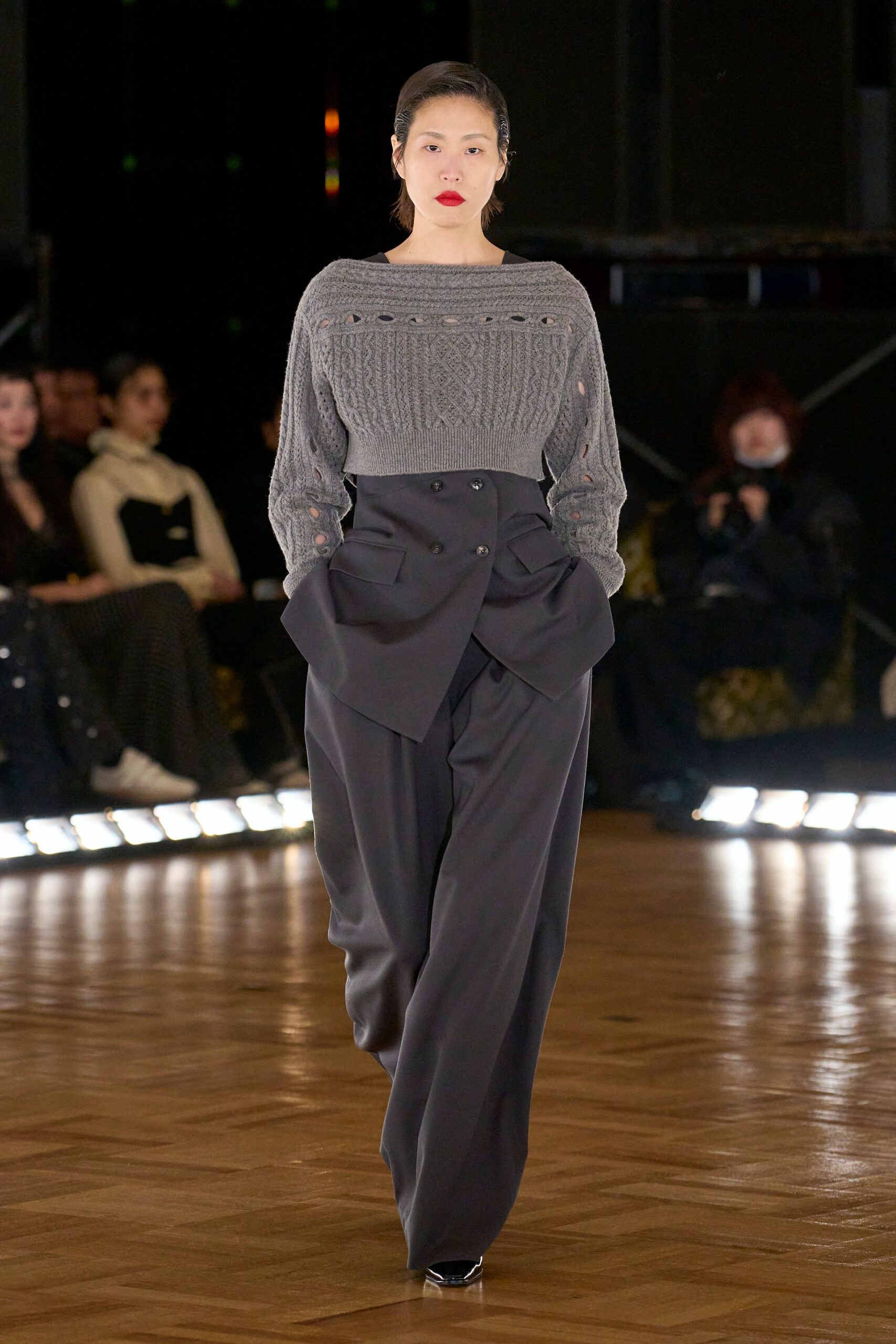 gray sweater black pants heels