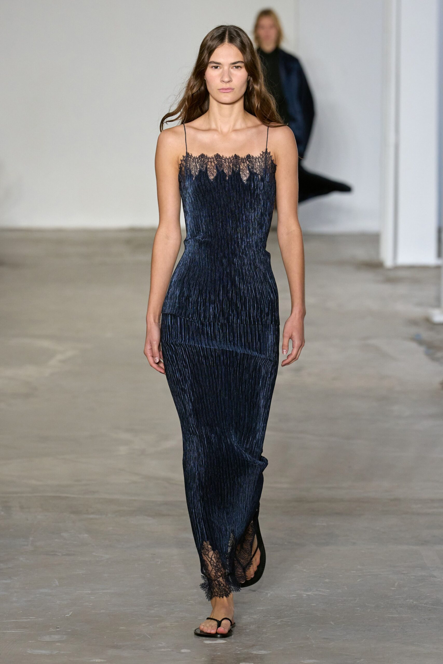 blue silk sleeveless v-neck fitted pleated layered gown