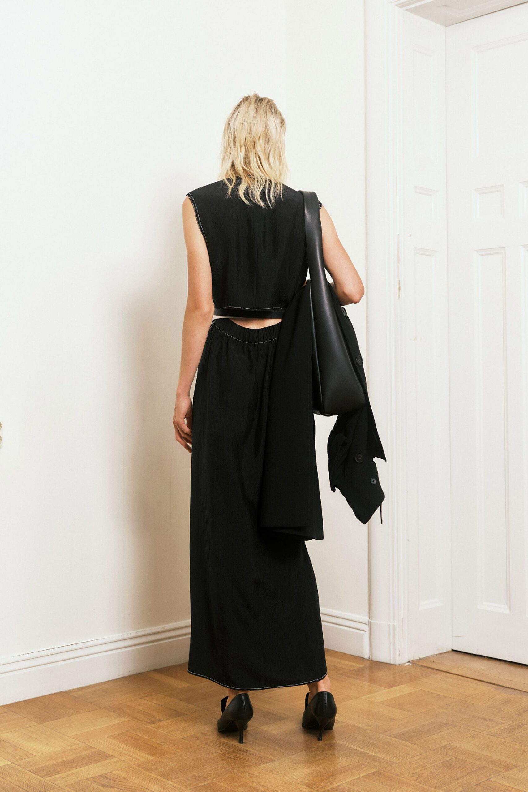 black silk top and midi skirt