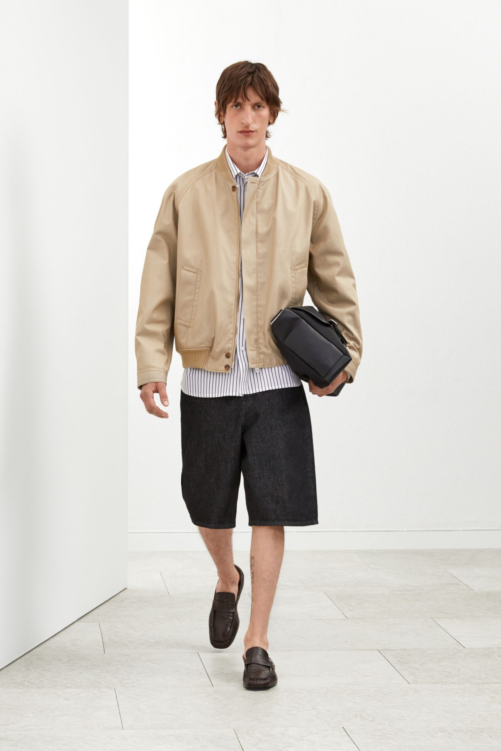 beige leather long-sleeve collared relaxed jacket