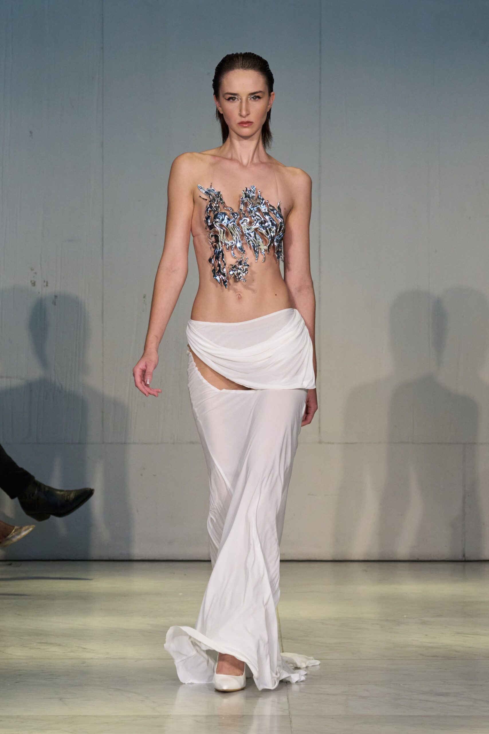 white silk gown with embellishments