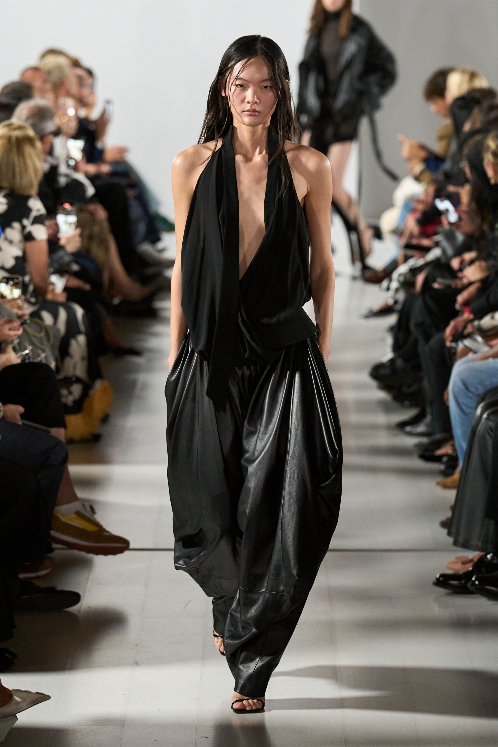 black leather sleeveless v-neck relaxed draped jumpsuit