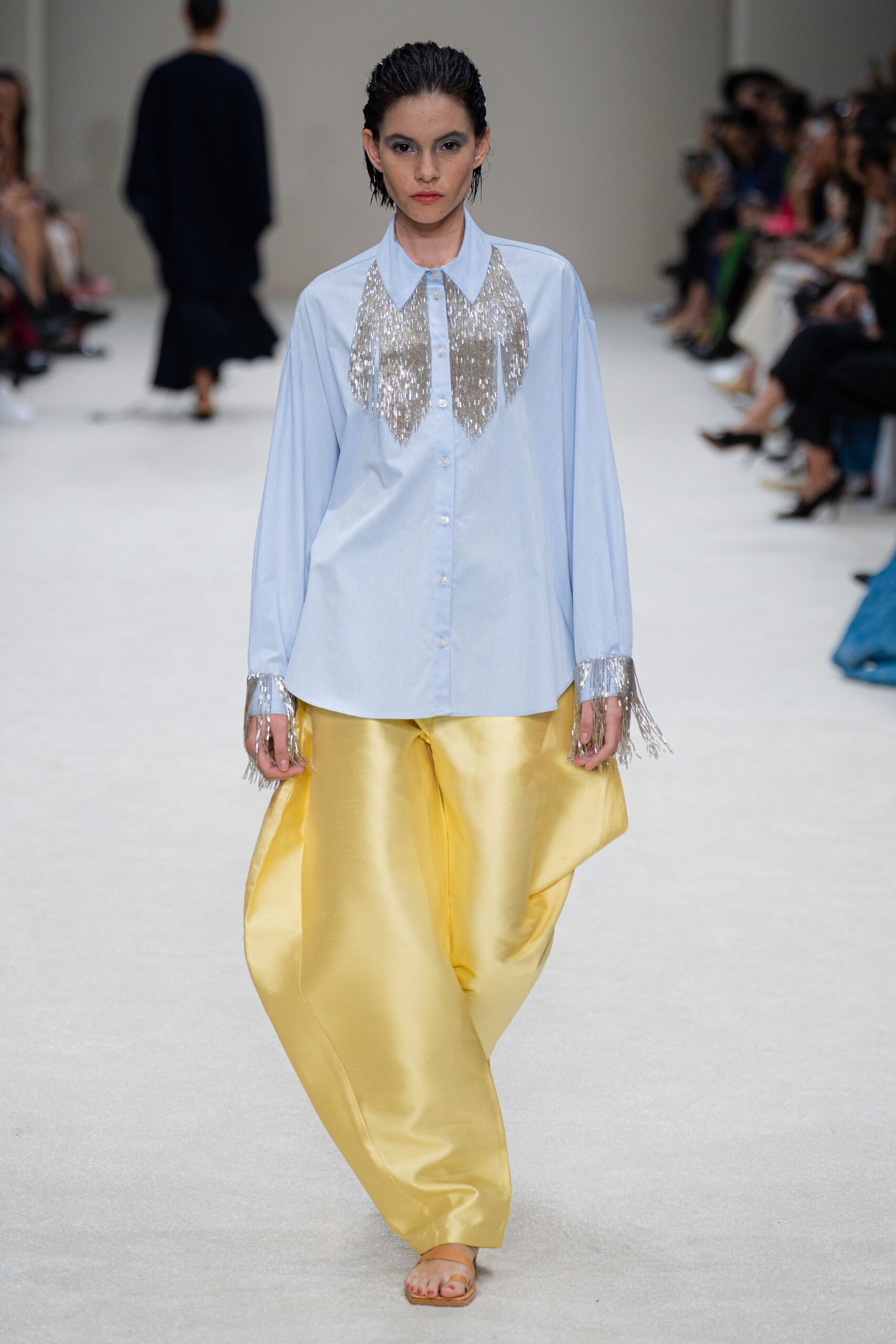 light blue shirt yellow pants