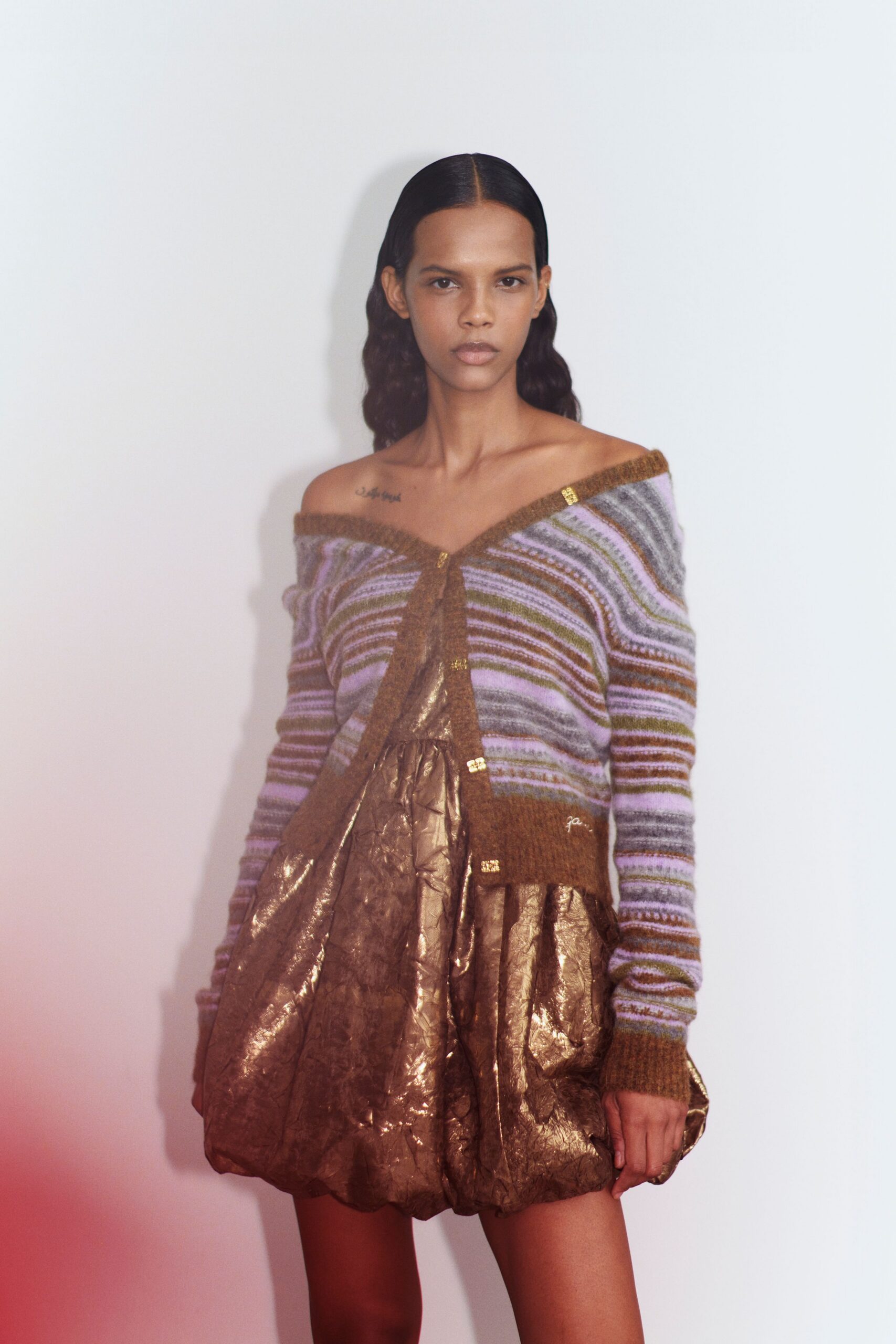 purple wool long-sleeve off-shoulder relaxed striped sweater