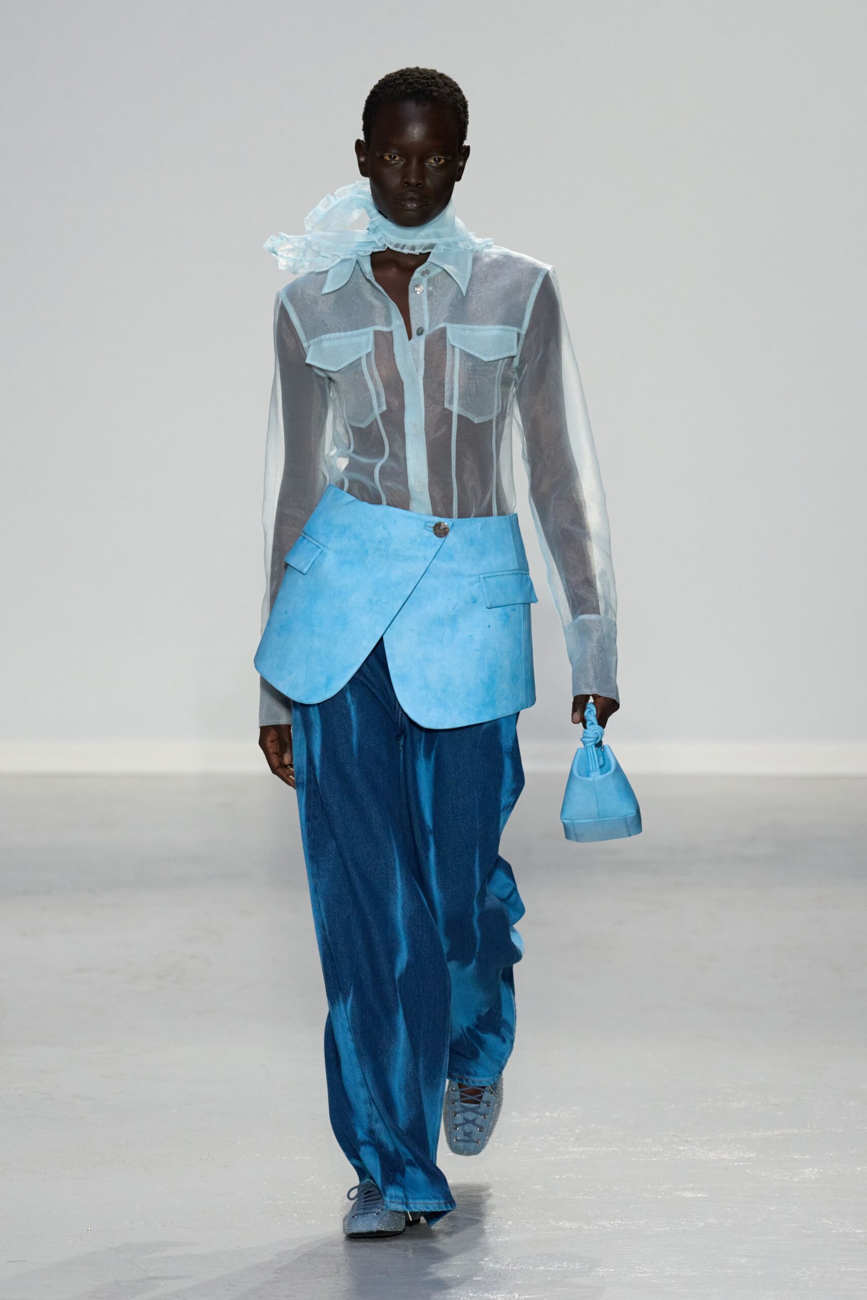 blue silk long-sleeve collared structured buttoned blazer