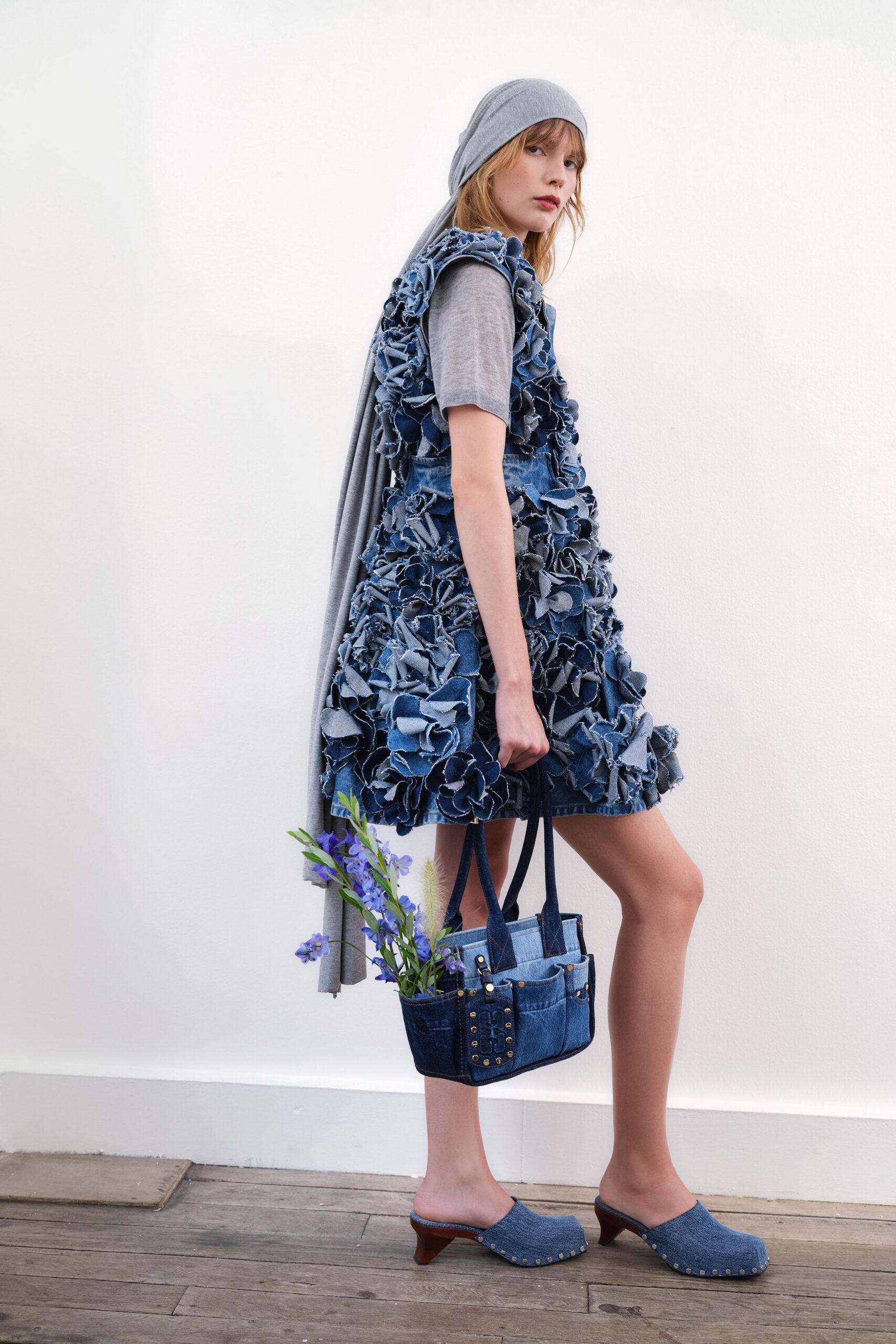 blue denim sleeveless fitted ruffled mini dress
