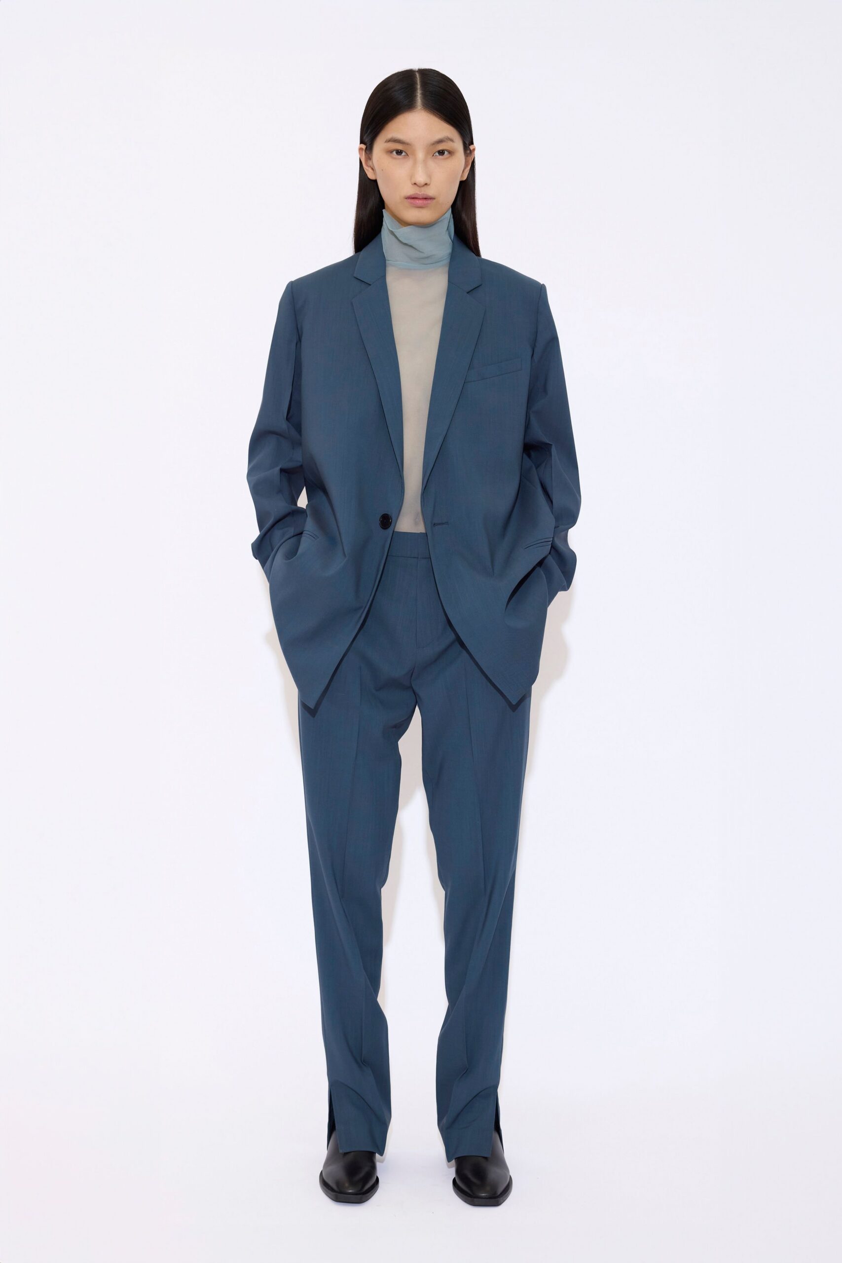 blue cotton long-sleeve collared tailored buttoned suit