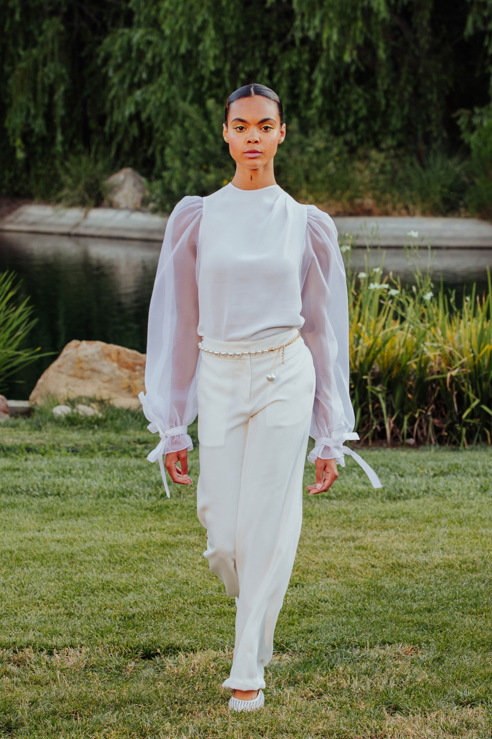 white silk top and pants