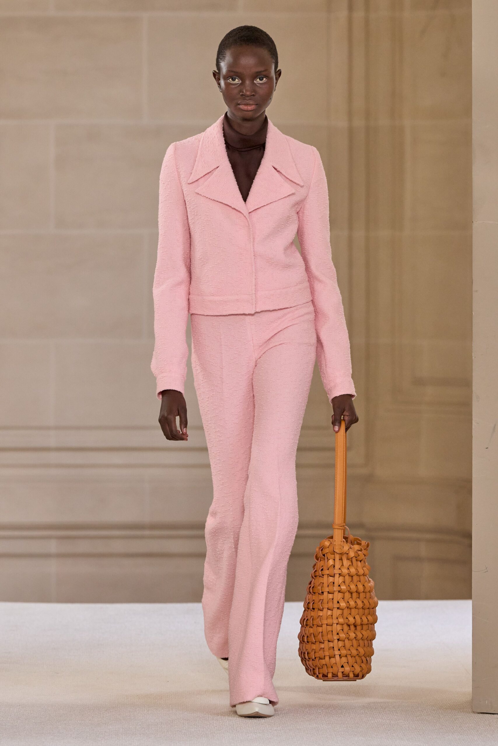 pink tweed long-sleeve collared fitted jacket