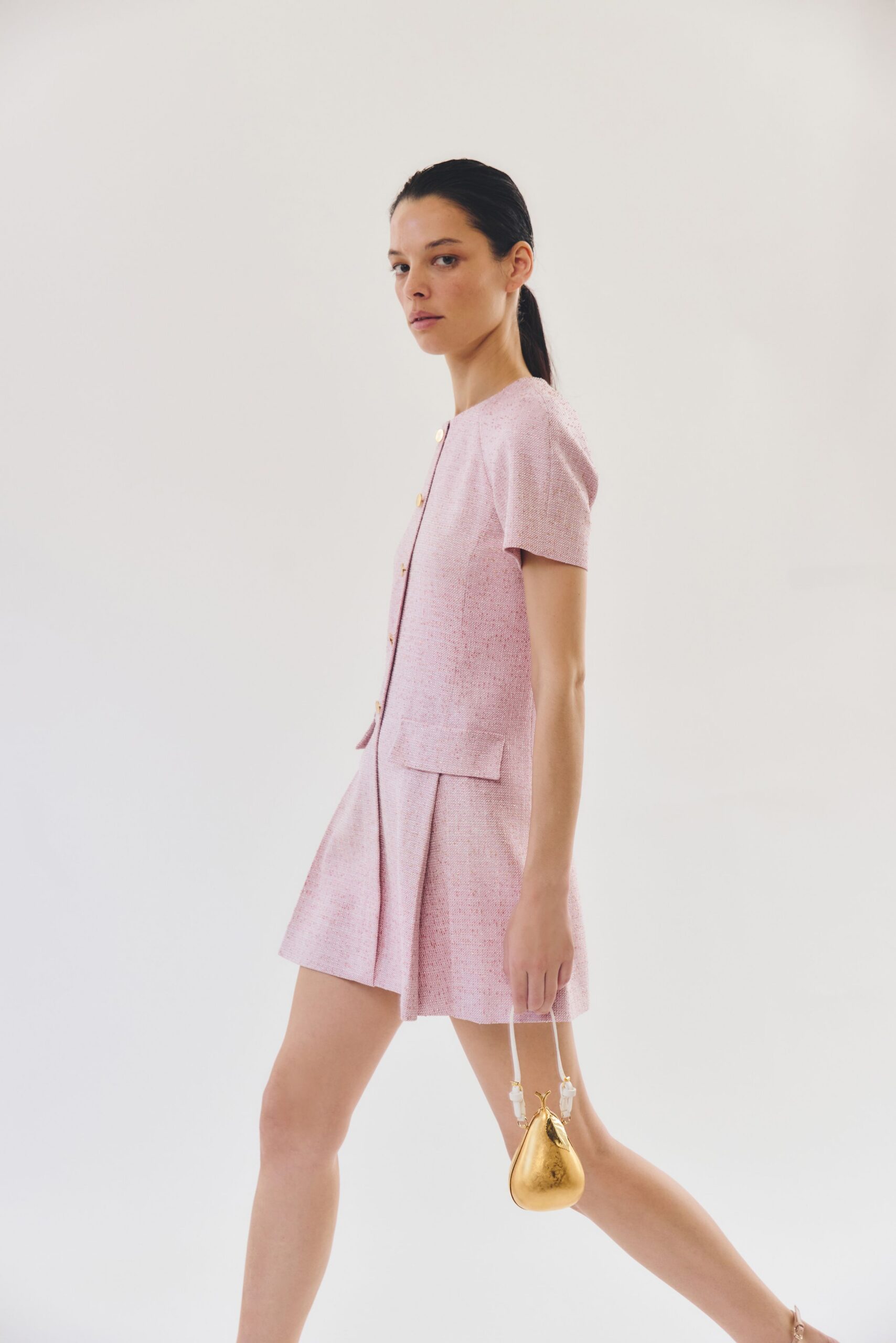 pink cotton short-sleeve collared fitted pleated mini dress