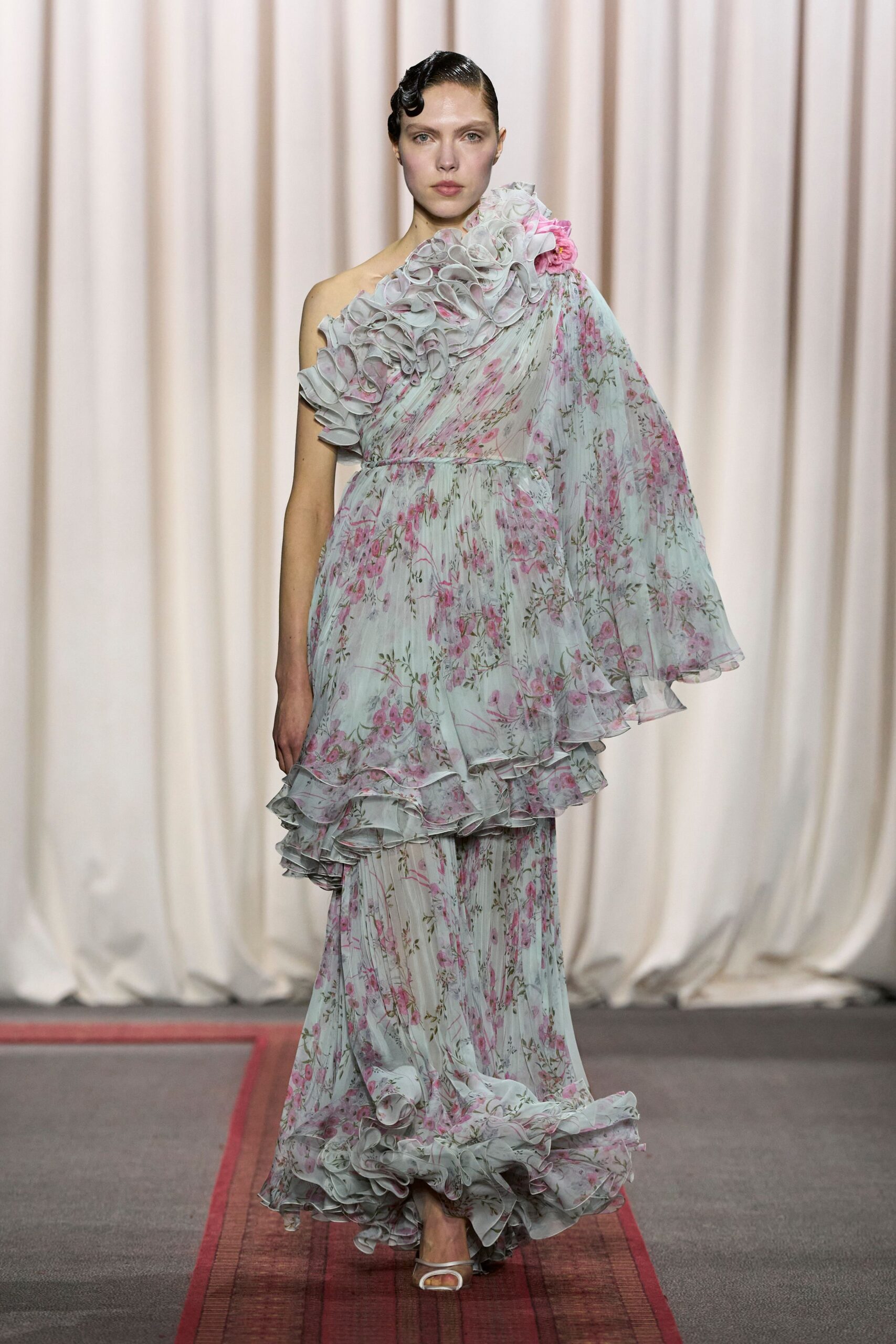 blue chiffon sleeveless off-shoulder fitted floral ruffled gown