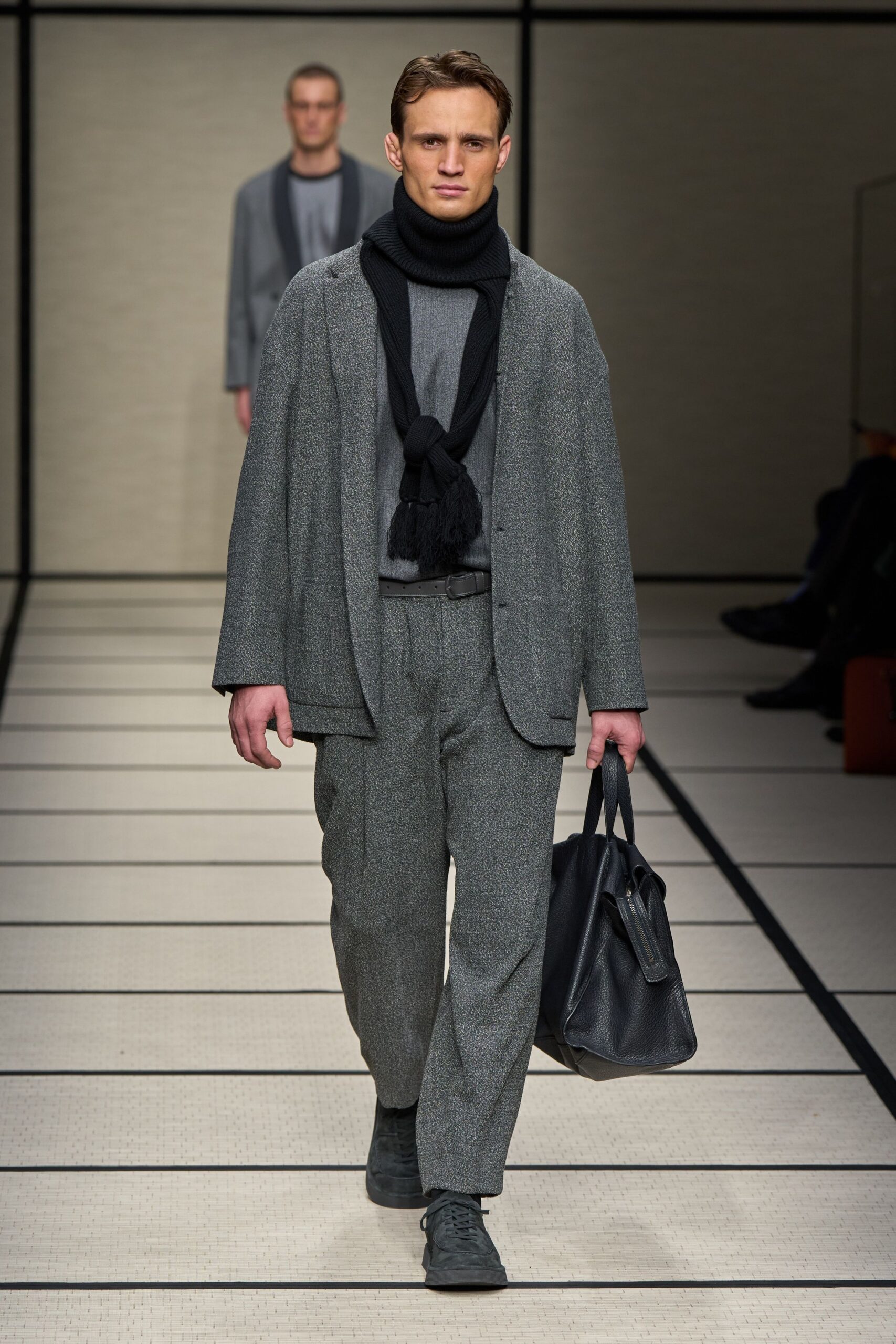 gray tweed relaxed straight-leg pants