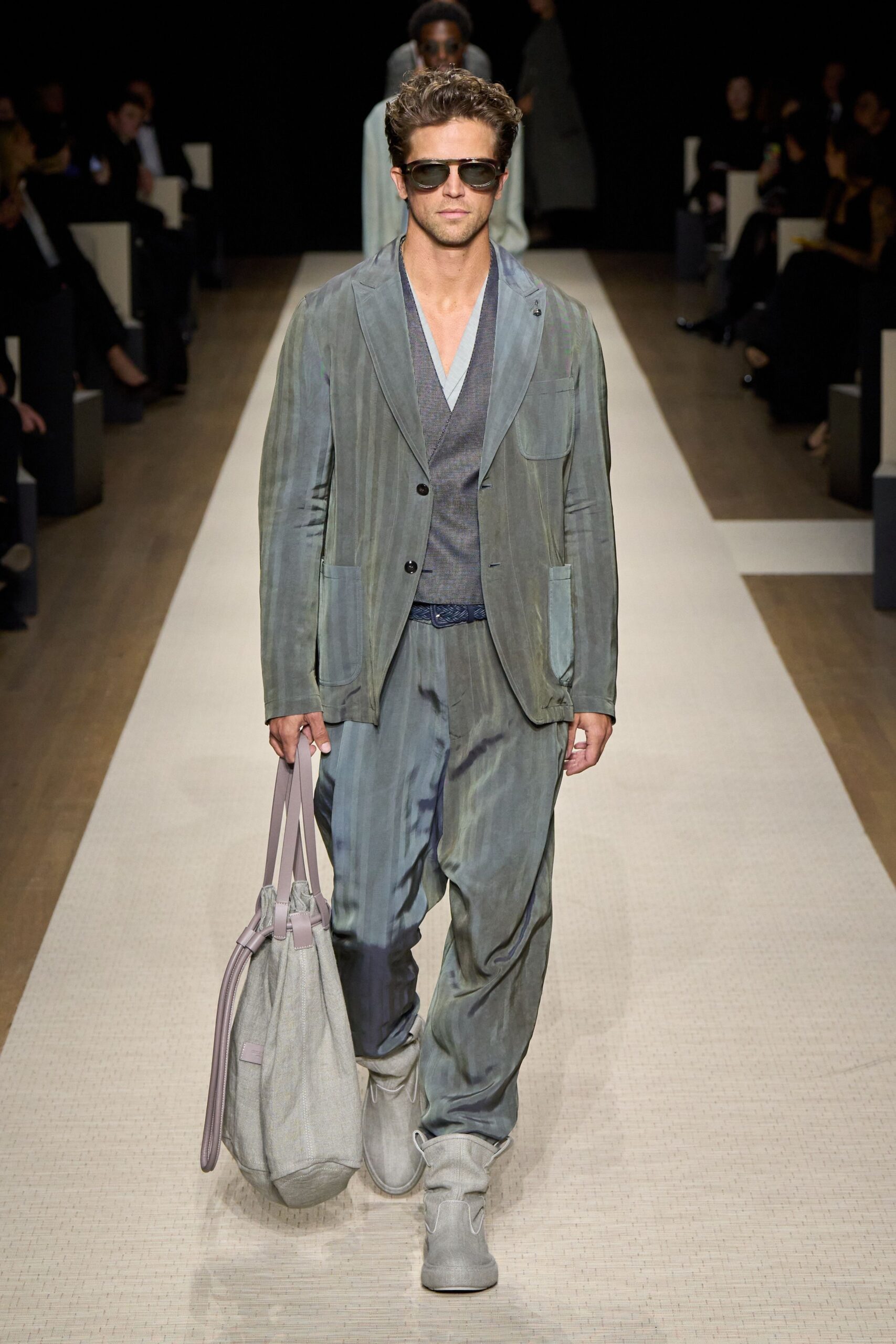 blue gray fitted suit with bag