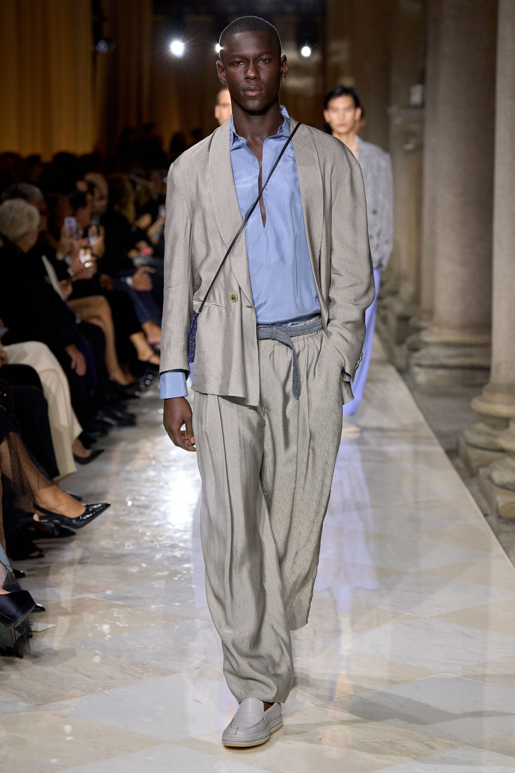 gray linen suit with blue shirt