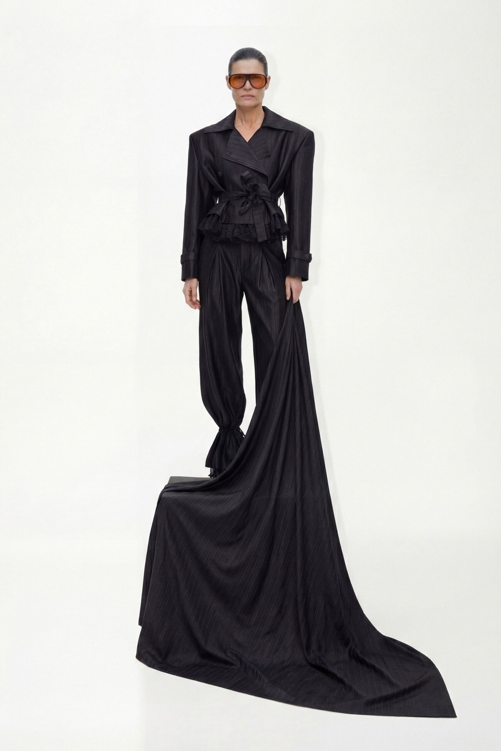black silk long-sleeve collared structured belted blazer