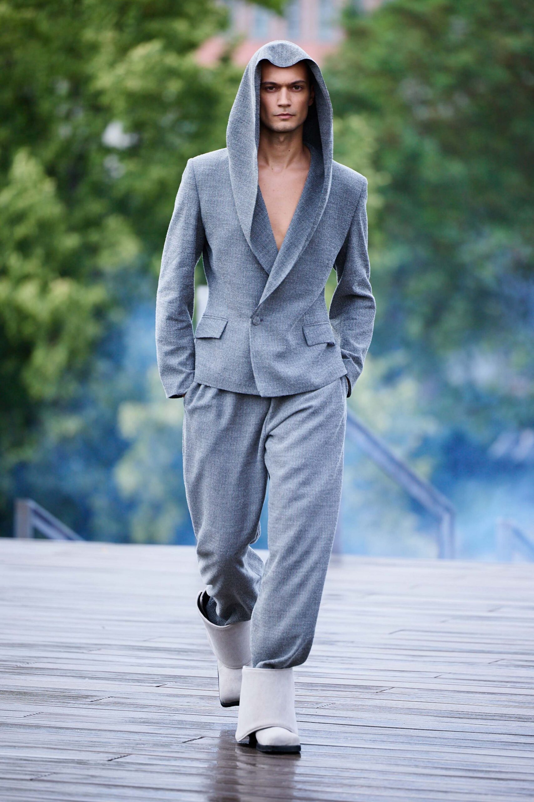 gray wool blazer and pants