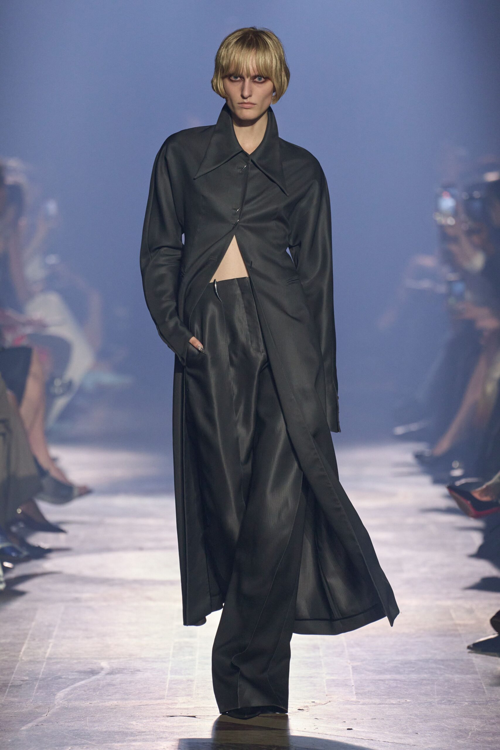 black silk fitted high-waisted straight-leg pants