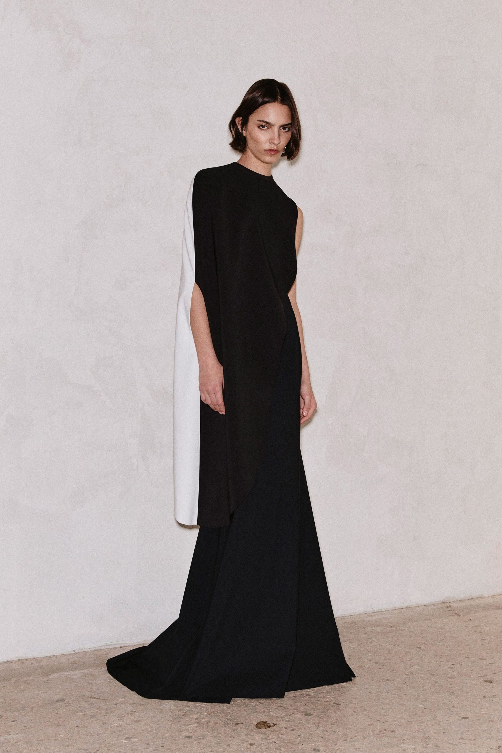 black and white asymmetric gown