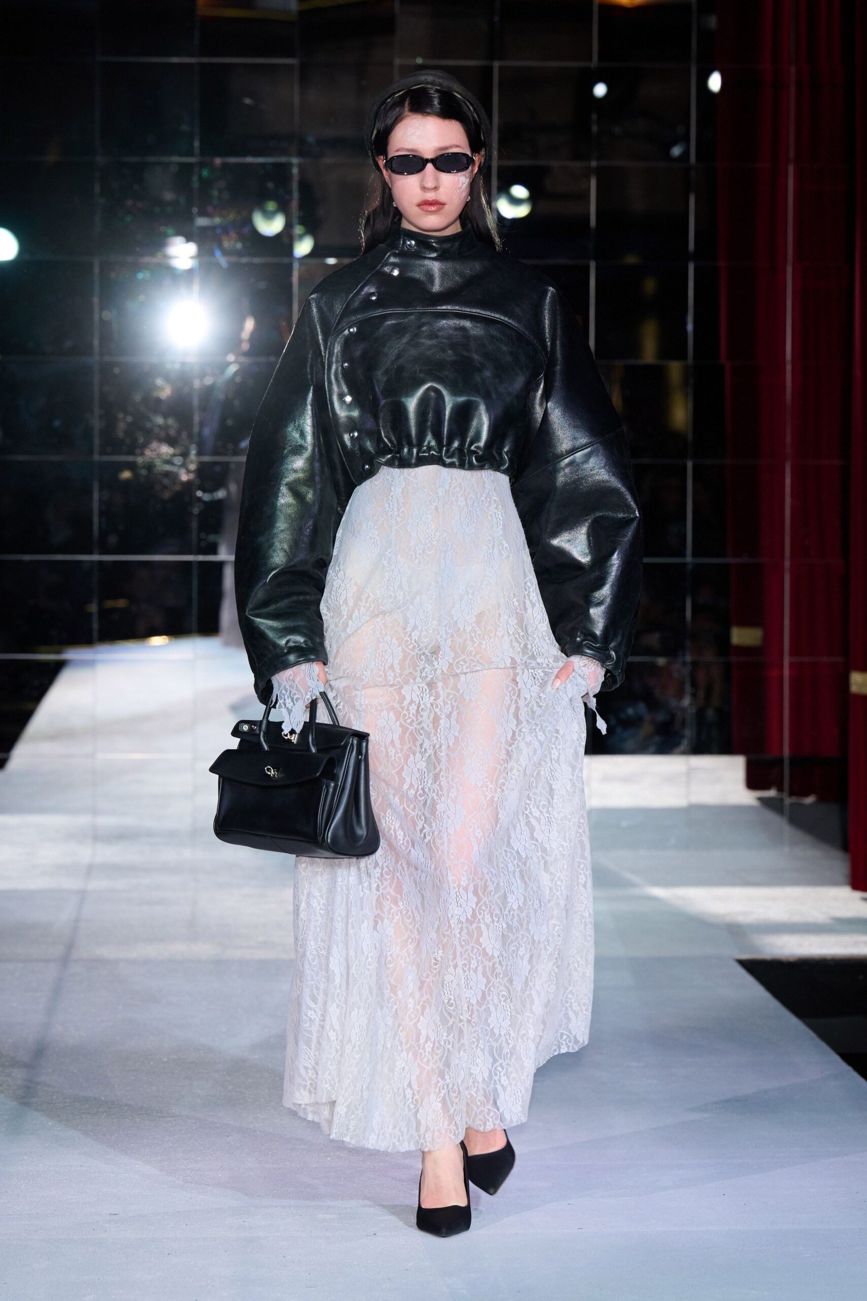 black leather long-sleeve high-neck fitted padded top