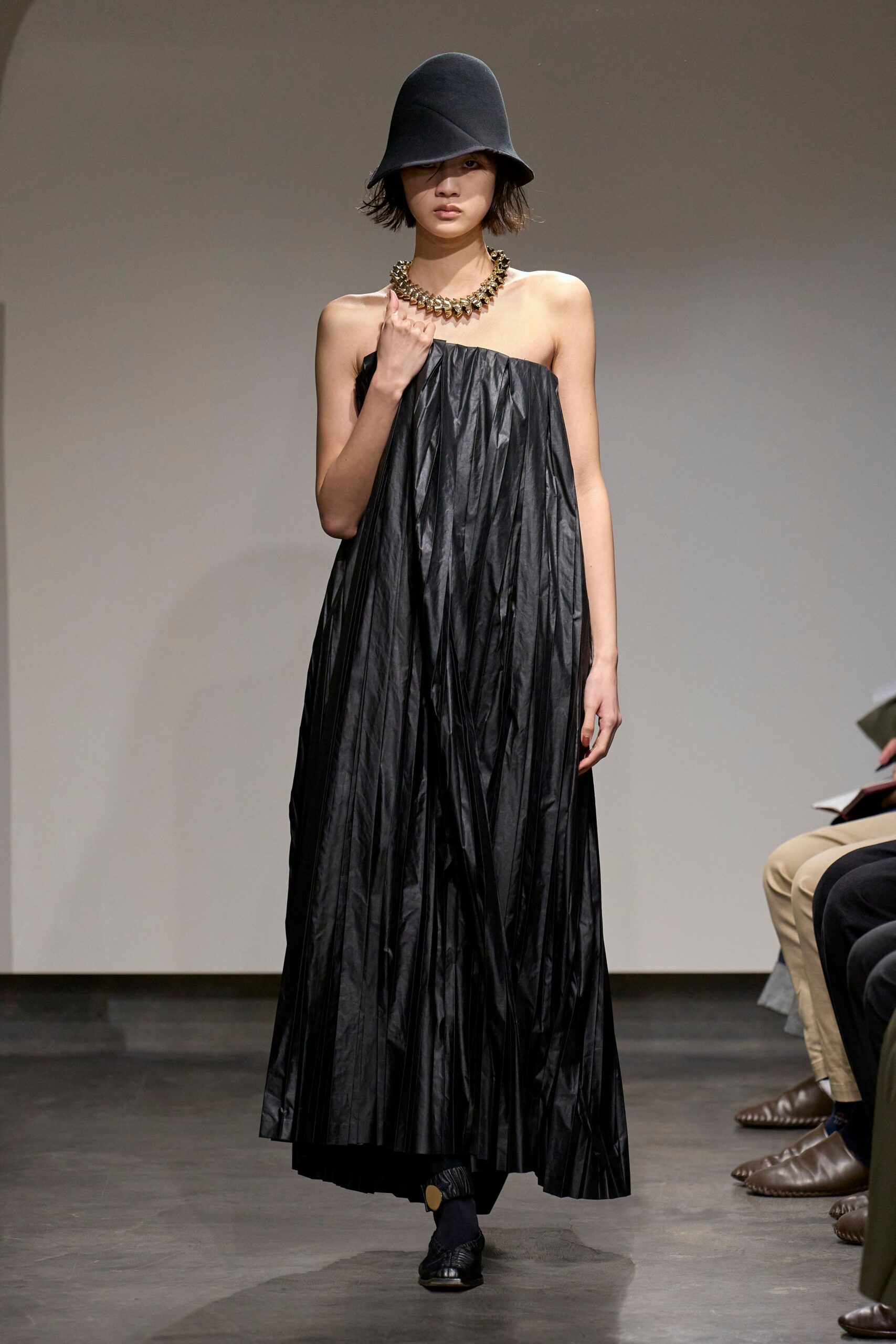 black silk sleeveless off-shoulder relaxed pleated maxi gown