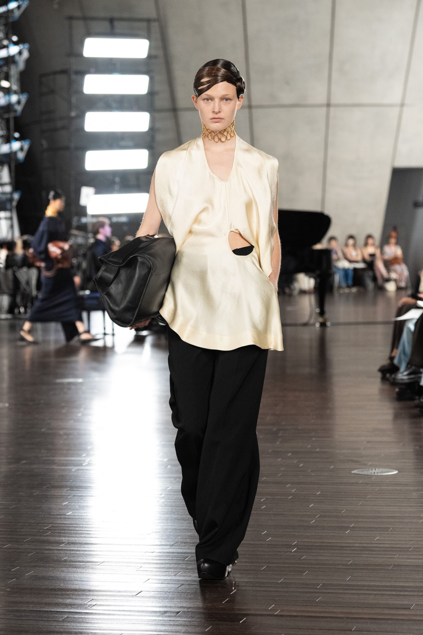 beige silk sleeveless cutout relaxed draped top