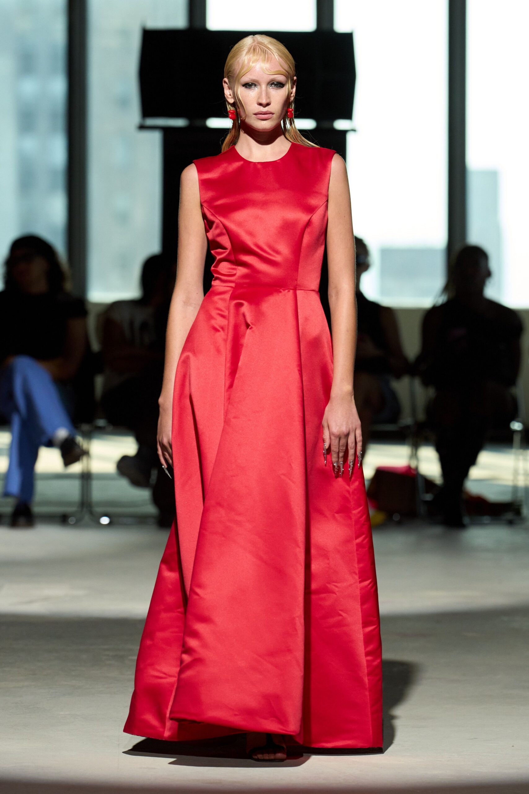 red satin sleeveless gown